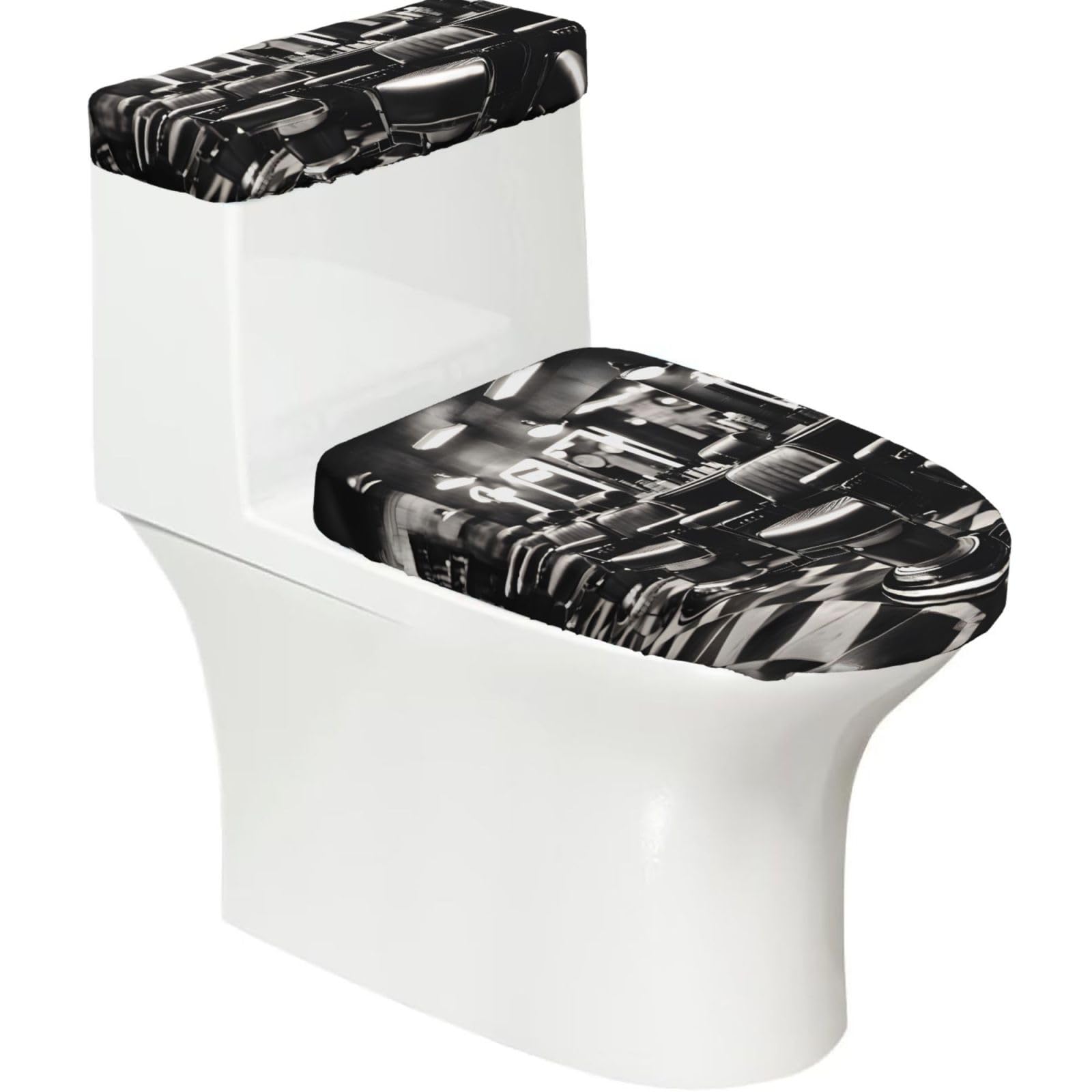 Barber Shop Monochrome Style Printed Toilet Tank and Lid Cover Set of 2 for Most Bathrooms, Fits Elongated Round Toilets