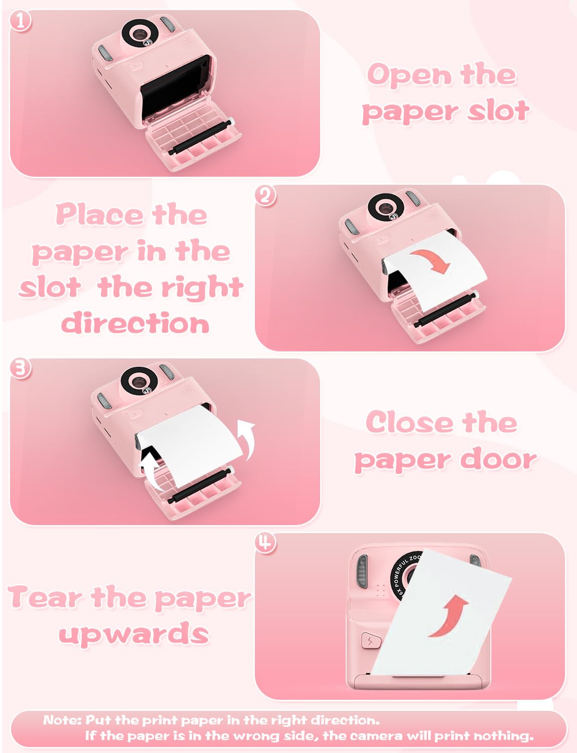 PHNIXGAM Fotocamera istantanea per bambini con 2 flash, fotocamera digitale per bambini 2,4 in HD, regalo per ragazzi e ragazze, tra cui 5 rotoli di carta da stampa e carta da 32 GB (Rosa)