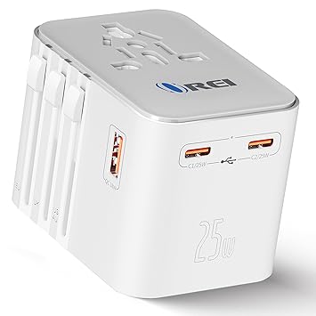 OREI 25Watt Universal Charger Adapter | 2X USBC 1XUSB A - 4-in-1 International Travel Adapter | 10 Years Warranty | Universal Travel Adapter Compatible 150+ Countries | Type C, A, G, I Compatible