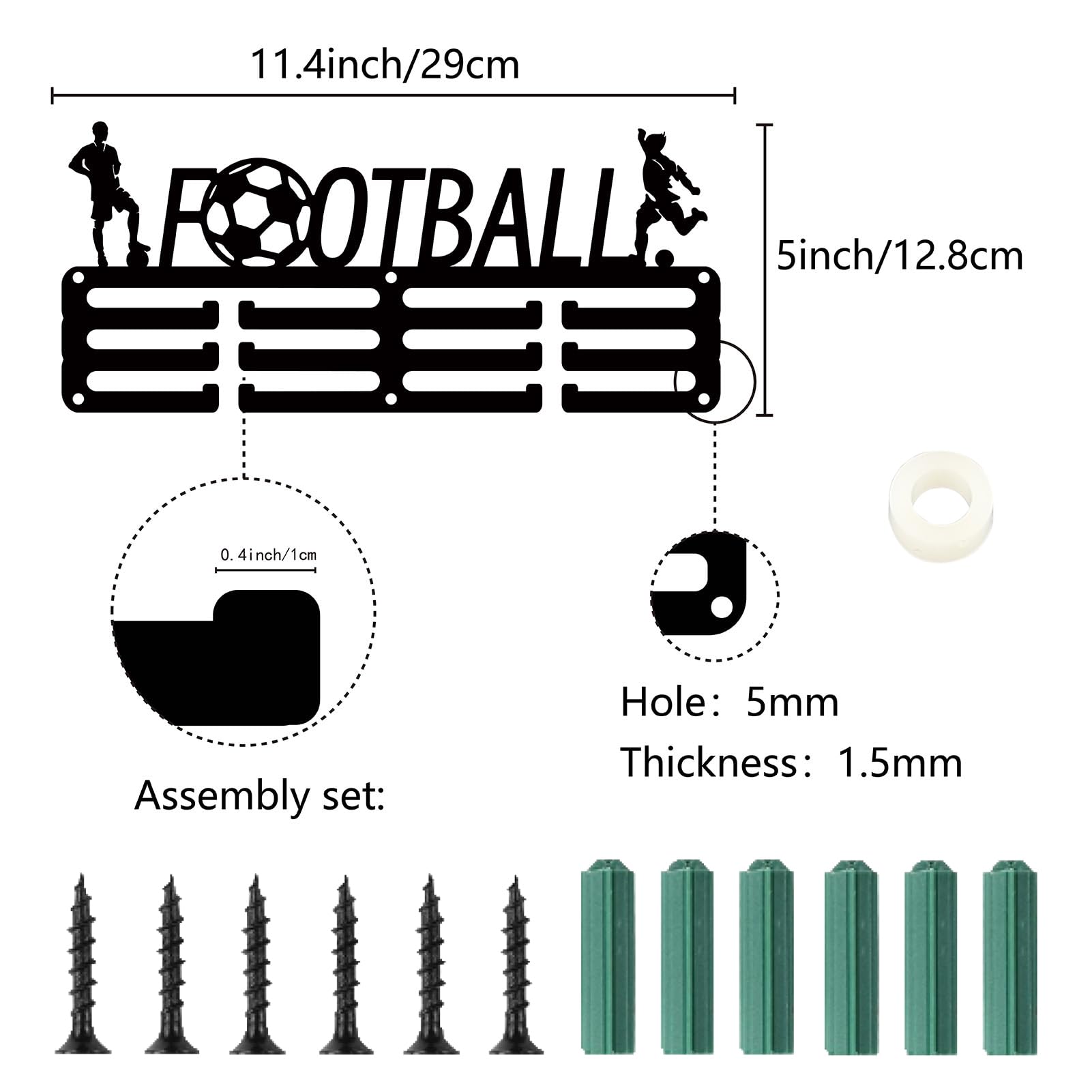 CREATCABIN Soporte para Medallas Fútbol,Colgadores Medallas,Estante Fútbol,Deportes,Premios Colgantes Metal,Hierro,Montaje Pequeño,Decoración,Premios para Mujeres,Pared,Hogar,Insignia,Negro,29x12.8cm — view 2