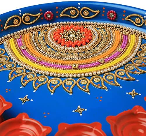 Blue Pooja Thali Plate with 5 aarti Diwali diya Platter Engagement Plate Decorative Steel Puja Thali for Temple Mandir Aarti Pooja Rituals Wedding Festival Decorations Home Decor & Gifting ( Size- 9")