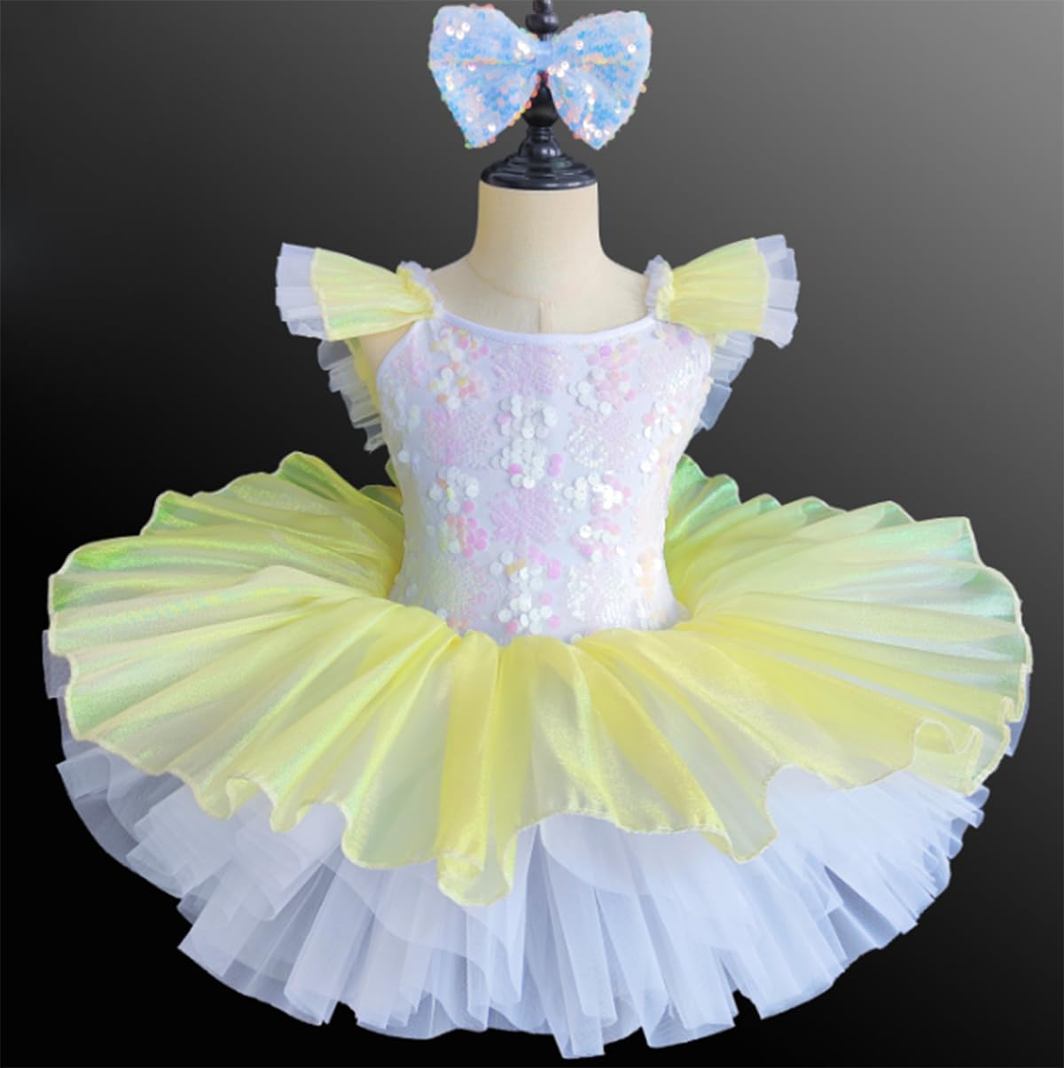 Ballerina-Kostüm für Mädchen, Tüll-Tutu, Ballett-Wettbewerbskleid | Tutu Kinderkostüm Kleiner Schwan mit Rüschenärmeln Spitze Stickerei und Pailletten