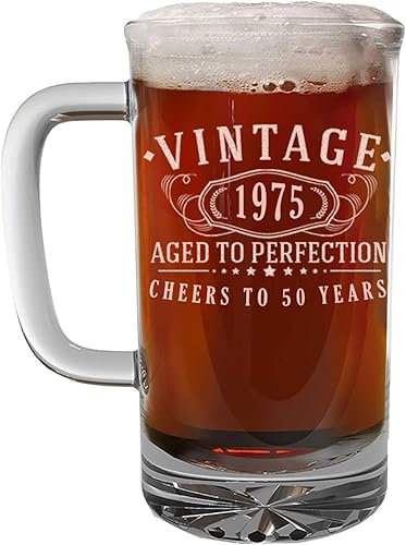 Taza de cerveza de vidrio grabada vintage de 16 onzas con grabado de 16 onzas, regalos de feliz cumpleaños 50 para hombres y mujeres, decoración de