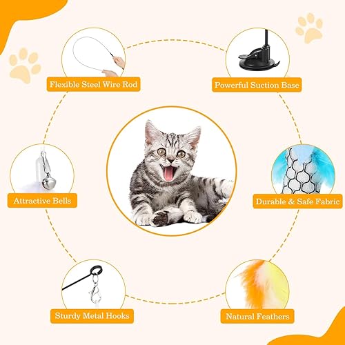 Miniatura 6 de Pawaboo Juguetes de plumas para gatos, juguete interactivo para gatos con ventosa de 2 ranuras, 2 varitas desmontables para gatos y 7 piezas de
