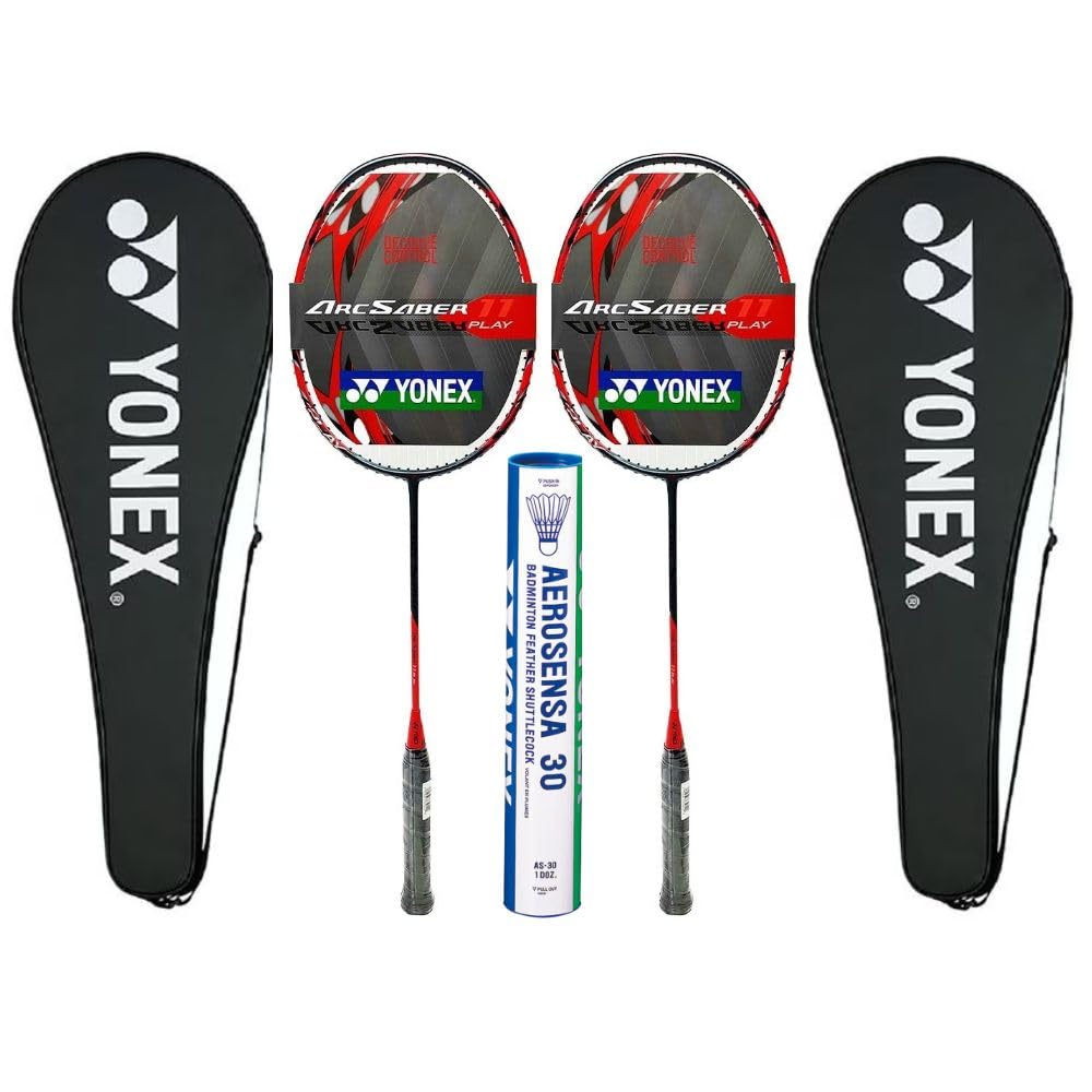 2X Yonex Arcsaber 11 Play Pre Strung Baminton Racquet, Grayish Pearl Bundled with Yonex Aerosena 30 Feather Shuttlecock
