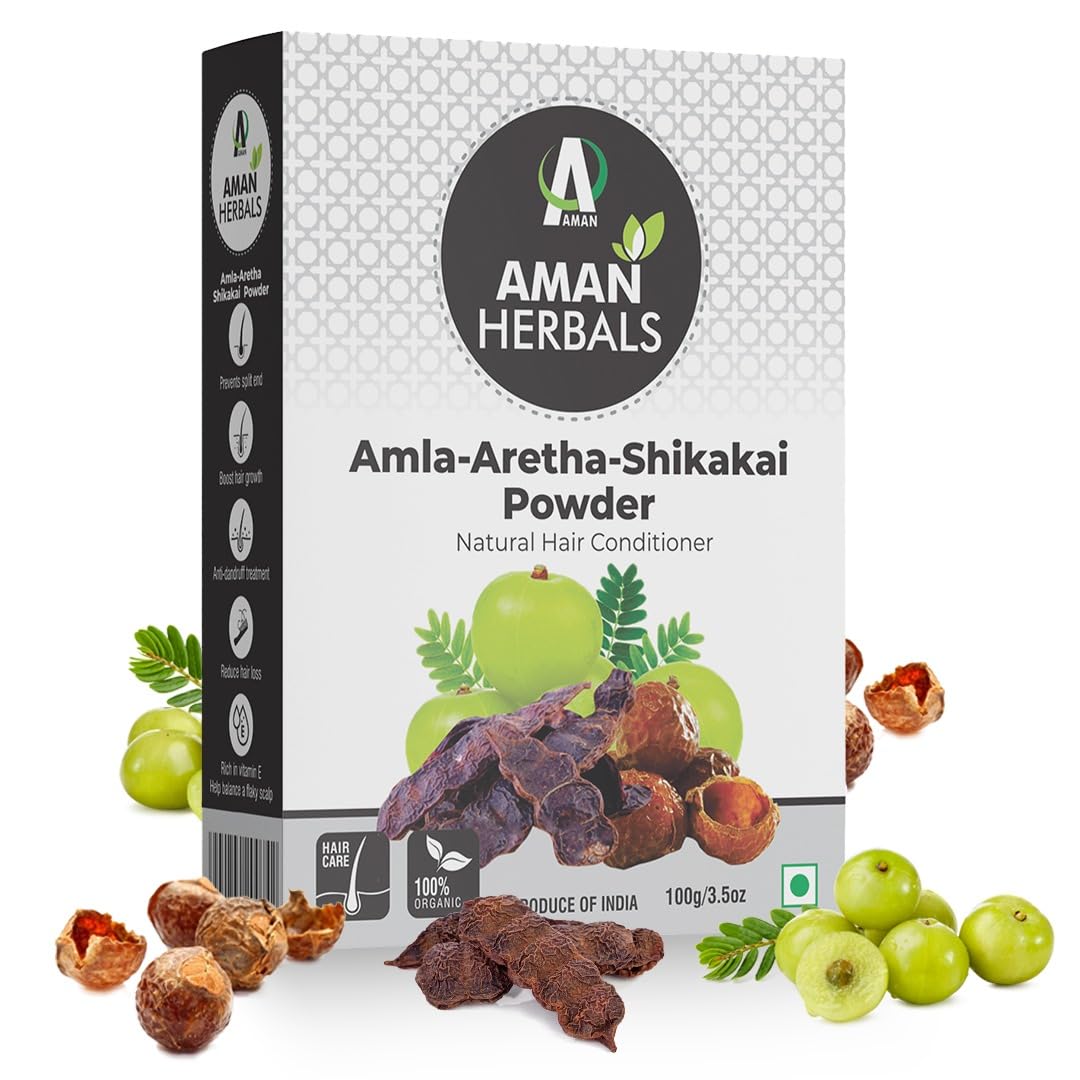AMAN HERBALS - 100% Organic Amla Reetha Shikakai Powder for Hair | 3-In-1 Natural Hair Cleanser | Hair Powder Pack of 200gm