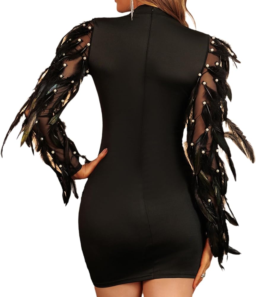 Amazon.com: Women's Sexy Mock Turtleneck Neck Mesh Patchwork Black Sparkly Beaded  Long Sleeve Mini Dresses Feather Party Dress Night Out Clubwear : Clothing,  Shoes & Jewelry