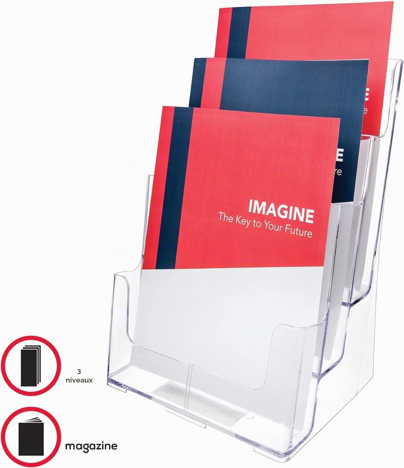 Deflecto Porte-brochures Multi-Compartiments Cristal A4 Portrait à 3 Niveaux - Porte-documents à Poches Multiples - Présentoir Incliné pour Flyers et Magazines