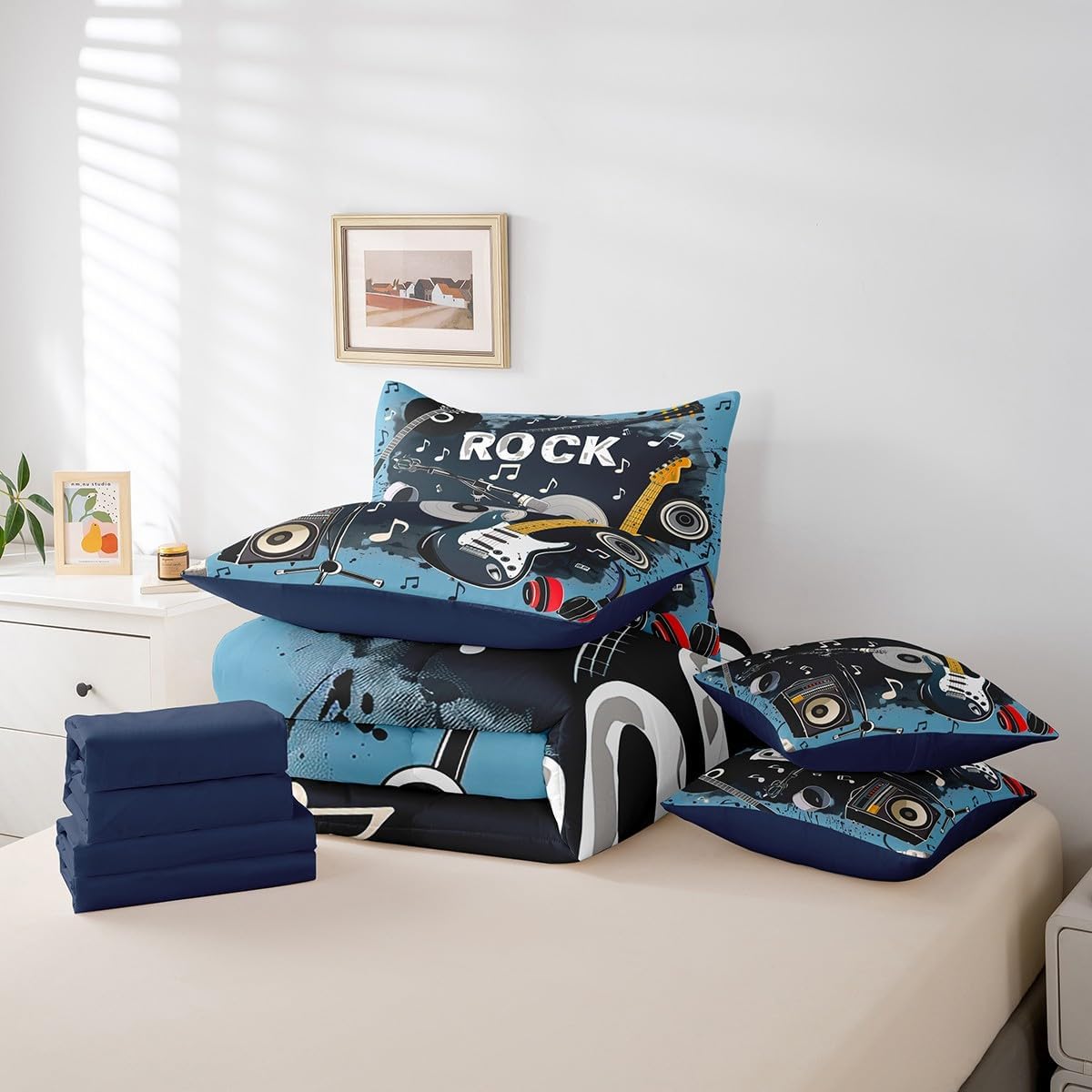 Feelyou Rock Music 7 Piece Bedding Set Full Size Guitar Musical Comforter Set with Sheets for Kids Boys Girls Teens Toddler Musical Instrument Bed in a Bag Music Theme Bed Set