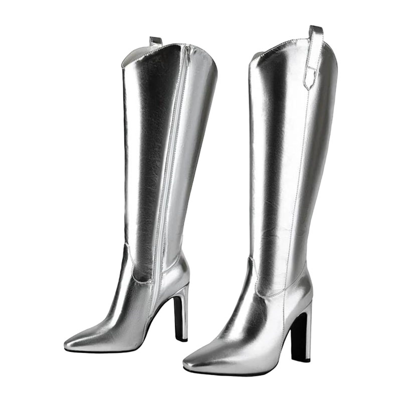 Womens Fashion Knee High Boots Pointed Toe Super High Square Heel With Side Zipper For Wide Calf Fit