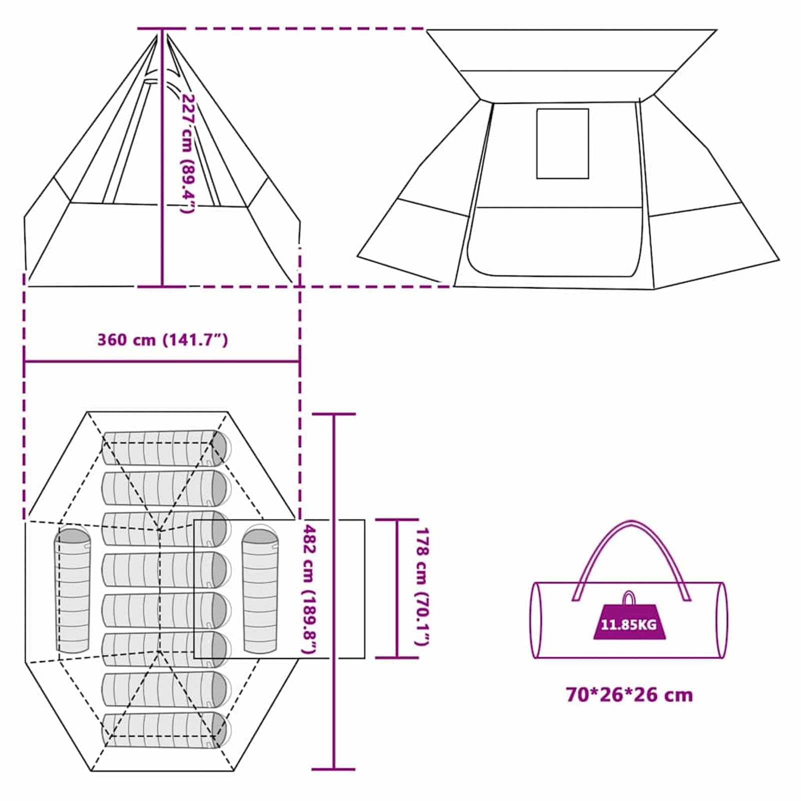 HOMELEN namiot rodzinny kempingowy, przestronny namiot tipi, niebieski, szary, poliester, tafta, 560 x 560 x 300 cm, wodoszczelny, z torbą do przenoszenia, na kemping, festiwale ogrodowe