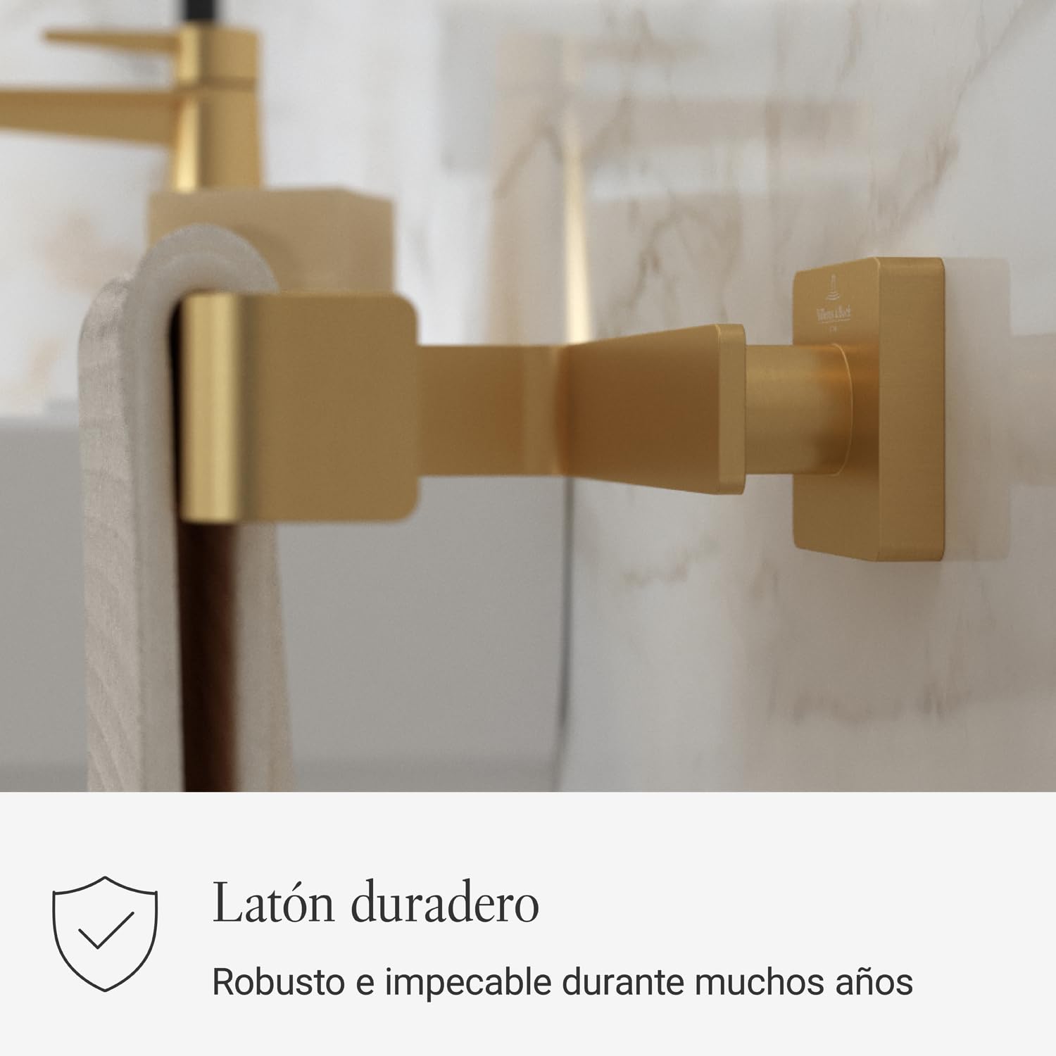 Villeroy & Boch Elements Striking, toallero, Barra para Toallas de latón para Montaje en Pared en el baño, toallero para Secado rápido, Cuadrado, Longitud 209 mm – Oro Cepillado