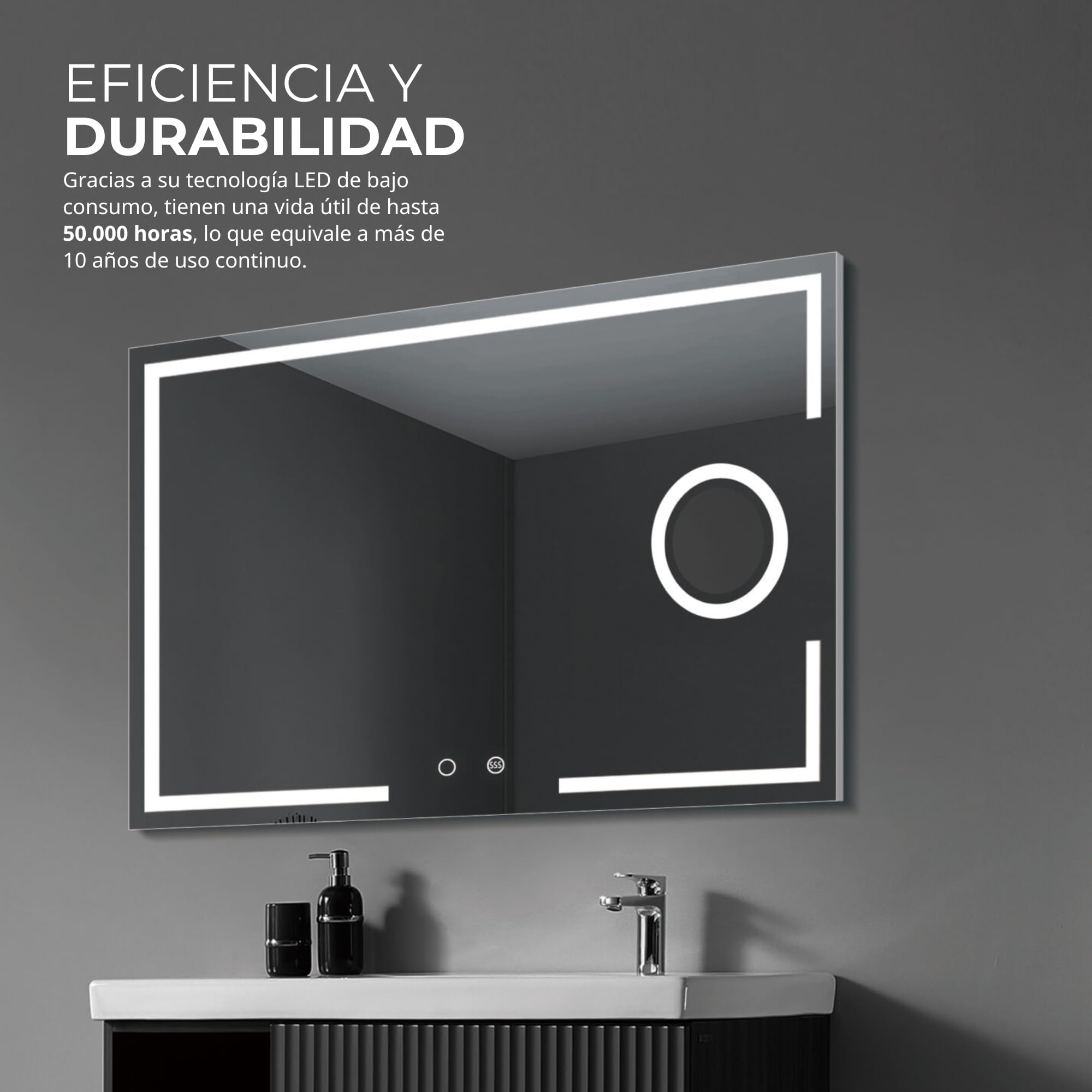 NOLUXA LEDIMEX - Espejo Baño 90x80cm con Luz LED, Antivaho y x3 de Aumento | Espejo Inteligente con Luz Frontal Tri-LED (Cálida, Neutra y Fría), Regulador de Intensidad y Sensor ON/Off | Serie Malta