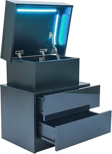 Nightstand with LED Lights Nightstand with Lift Top Modern Bedside Table End Side Table Nightstand with 2 High Gloss Drawers for Bedroom