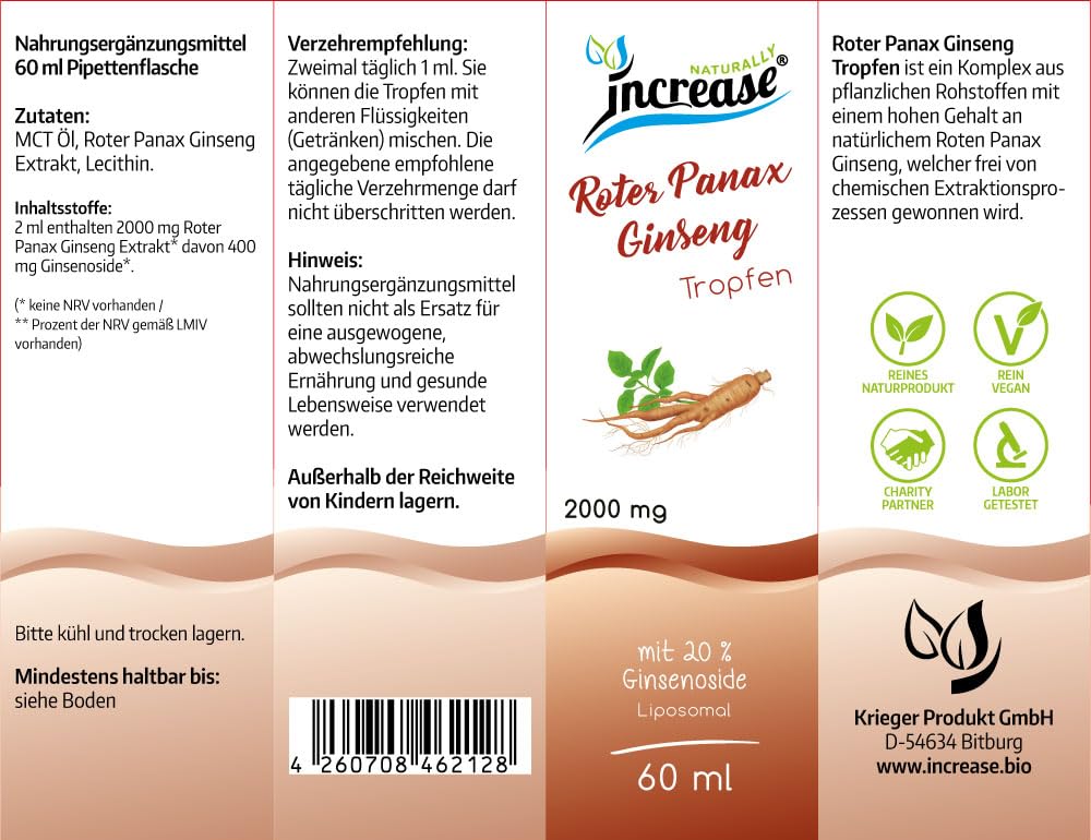 Liposomale Roter Panax Ginseng Tropfen hochdosiert - (60.000mg pro Packung) 2000mg Roter Panax Ginseng pro Tagesdosis davon 400 mg Ginsenoside -MCT Öl -Hohe Bioverfügbarkeit