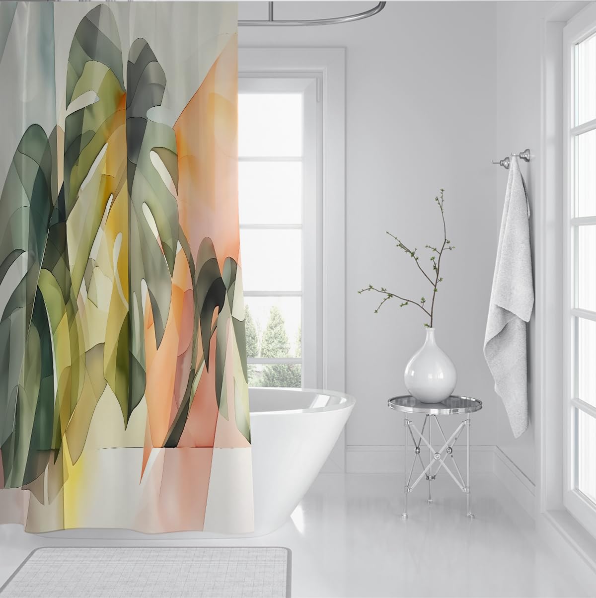 Rideau de Douche Salle de Bain Feuille Monstera Tropicale 200 x 220 cm