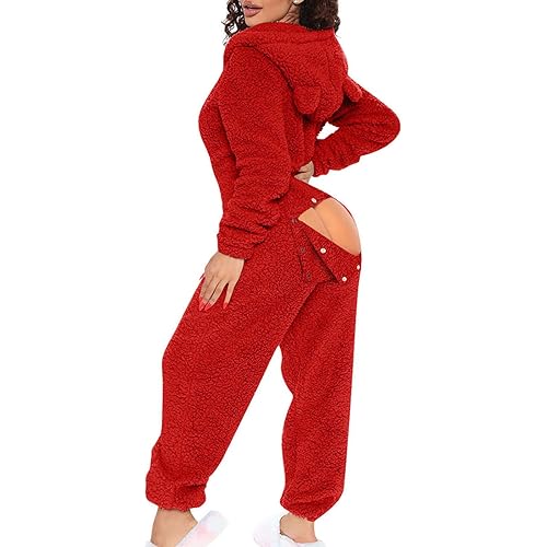 Women One Piece Fuzzy Warm Sherpa Hooded Pajamas Jumpsuit Onesie Butt Flap Women Adult Sleepwear