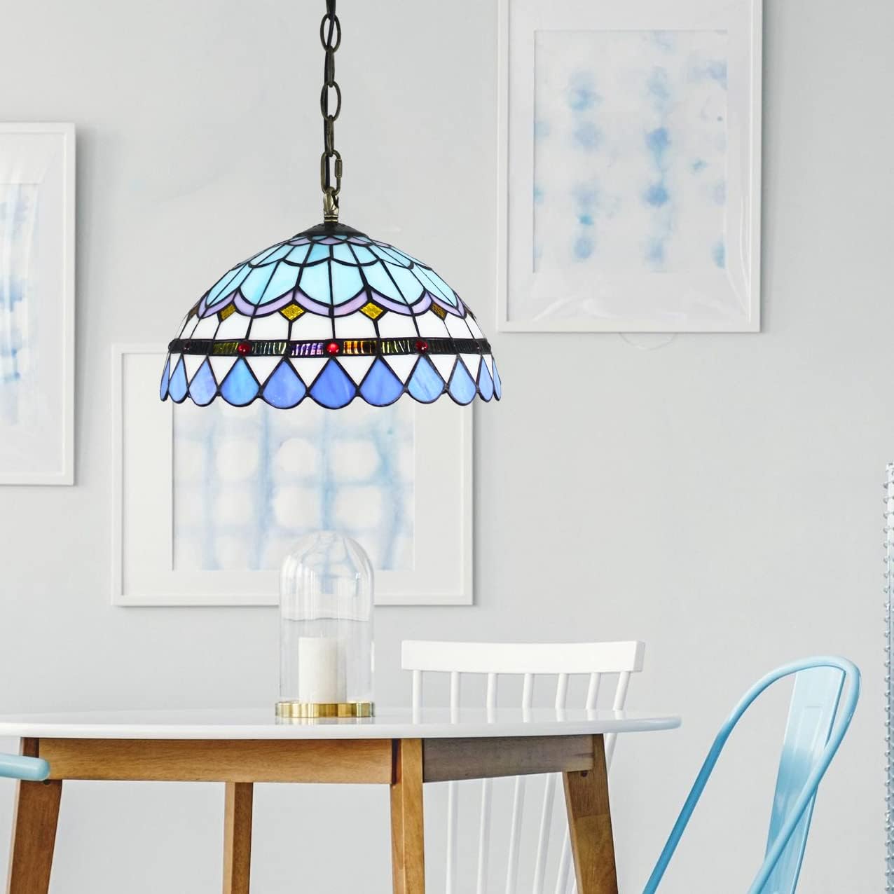 Tiffany Style Glass Pendant Light, Blue Stained Glass Pendant Light Fixture, Vintage Hanging Lamp for Dining Room, Bedroom, 15.7"