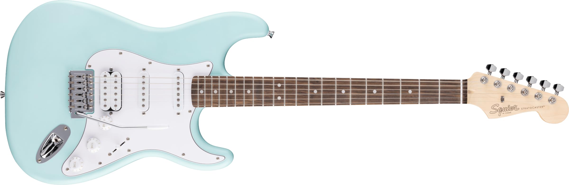 Squier by Fender Debut Collection HSS Stratocaster Electric Guitar, Laurel Fingerboard, White Pickguard, Daphne Blue-image-10