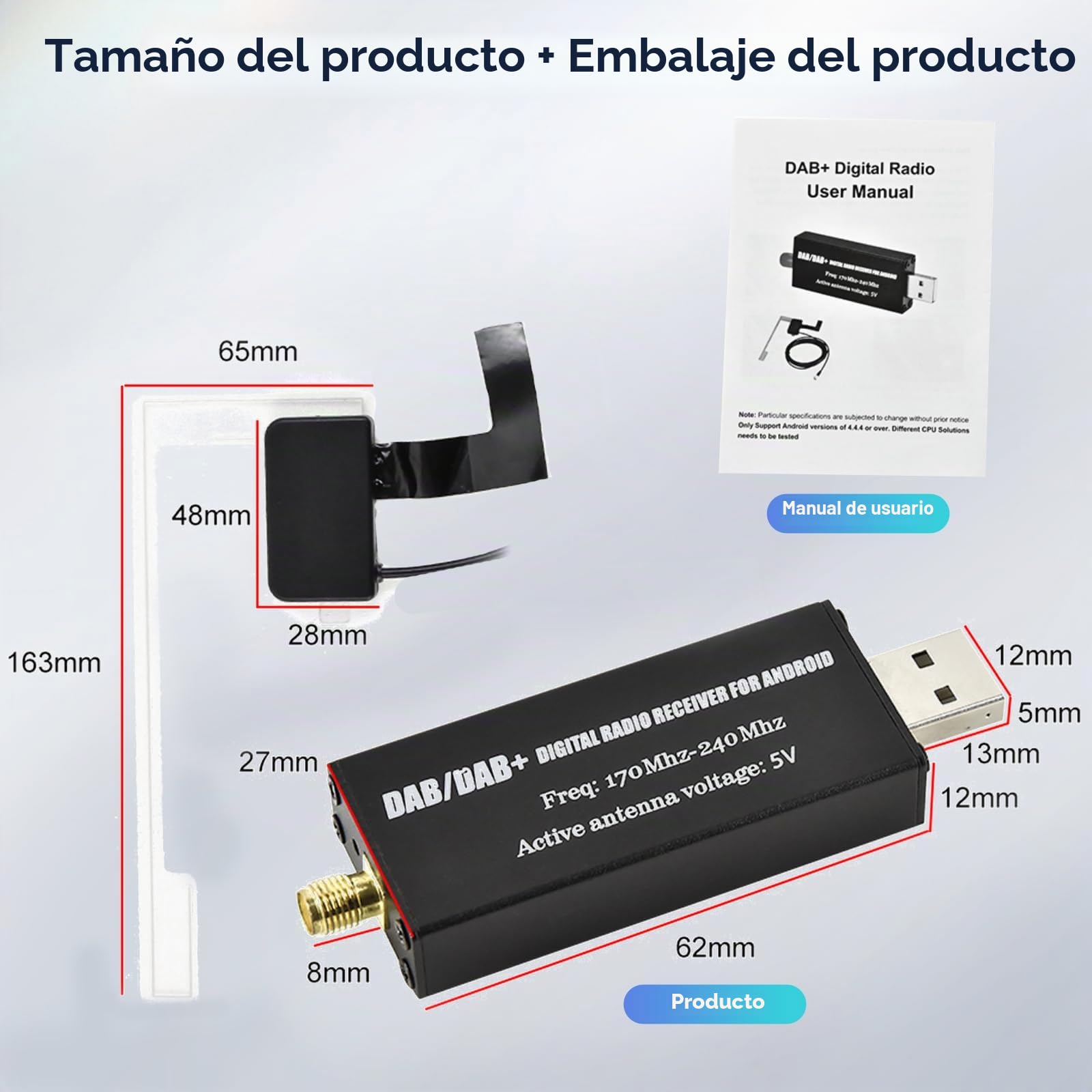 Hodozzy Dab Adaptador de Radio, Receptor de Radio Digital Dab+ para Estéreo de Coche Android, USB 2.0 D-AB+ para Dongle Módulo Universal con Antena D-AB, Adaptador Receptor de MP5 D-AB Box con Antena
