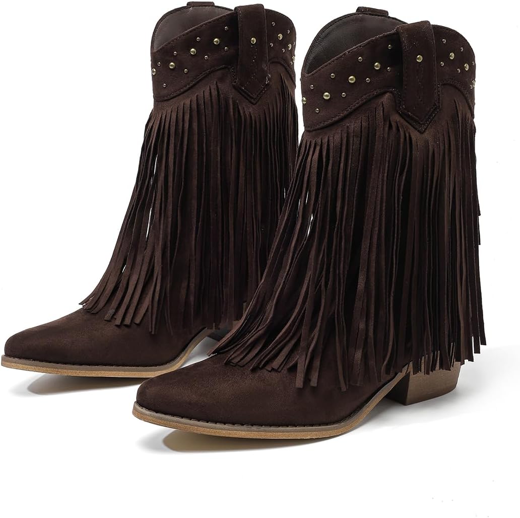 Amoji Women Western Cowboy Boots Cowgirl Mid Calf Boots Pull On D307