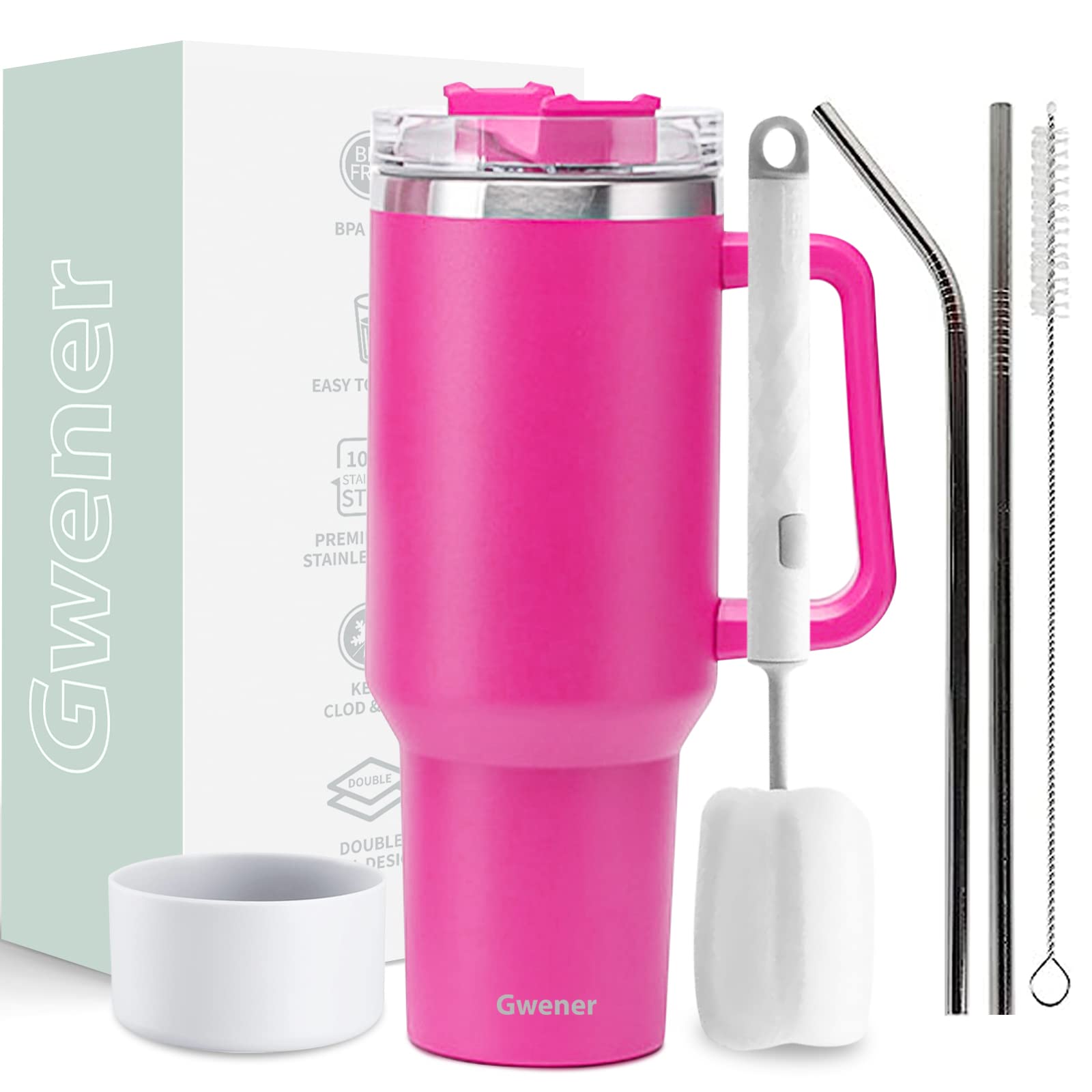 40 oz Tumbler With Handle and Straw Lid, Stainless Steel Insulated Tumblers Travel Mug, for Hot and Cold Beverages Thermos Travel Coffee Mug for Both Men and Women (Rose Red)