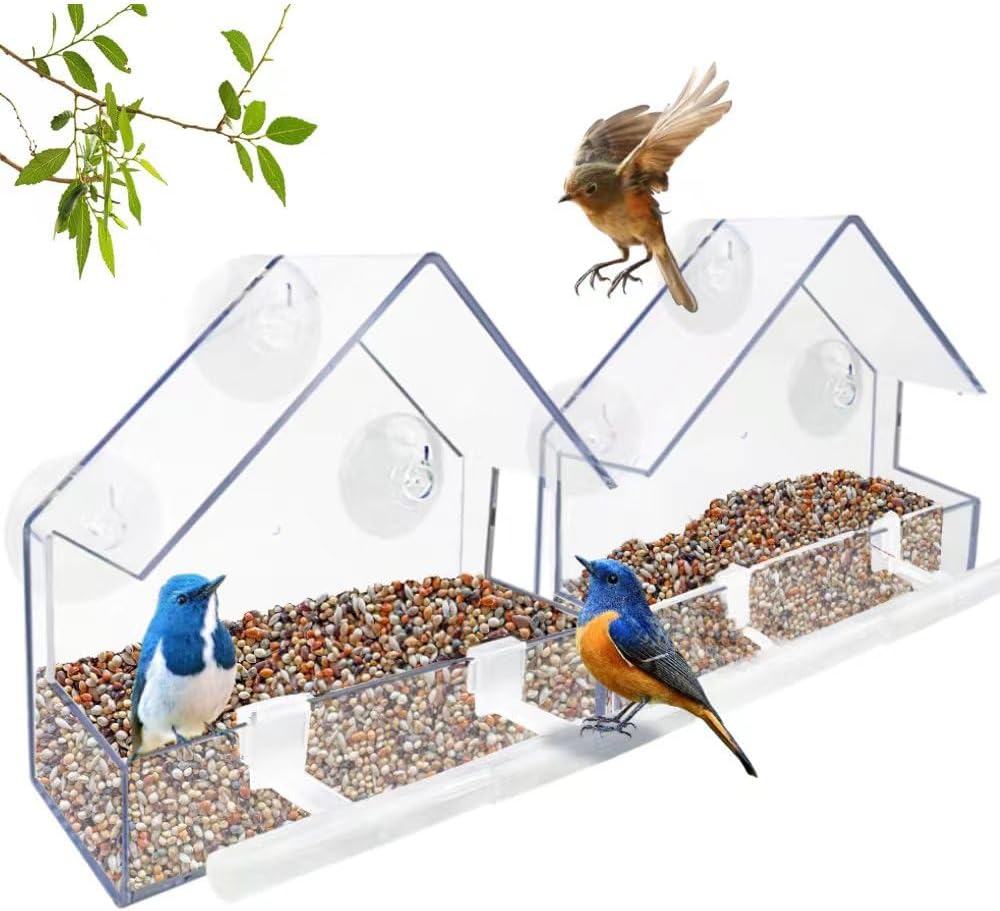 Window Bird Feeder 2 Pack, Bird House for Outside with 4 Rod, Small Acrylic Window Bird Feeder with Strong Suction Cups and Drain Holes 5.9 * 2.4 * 5.9 in