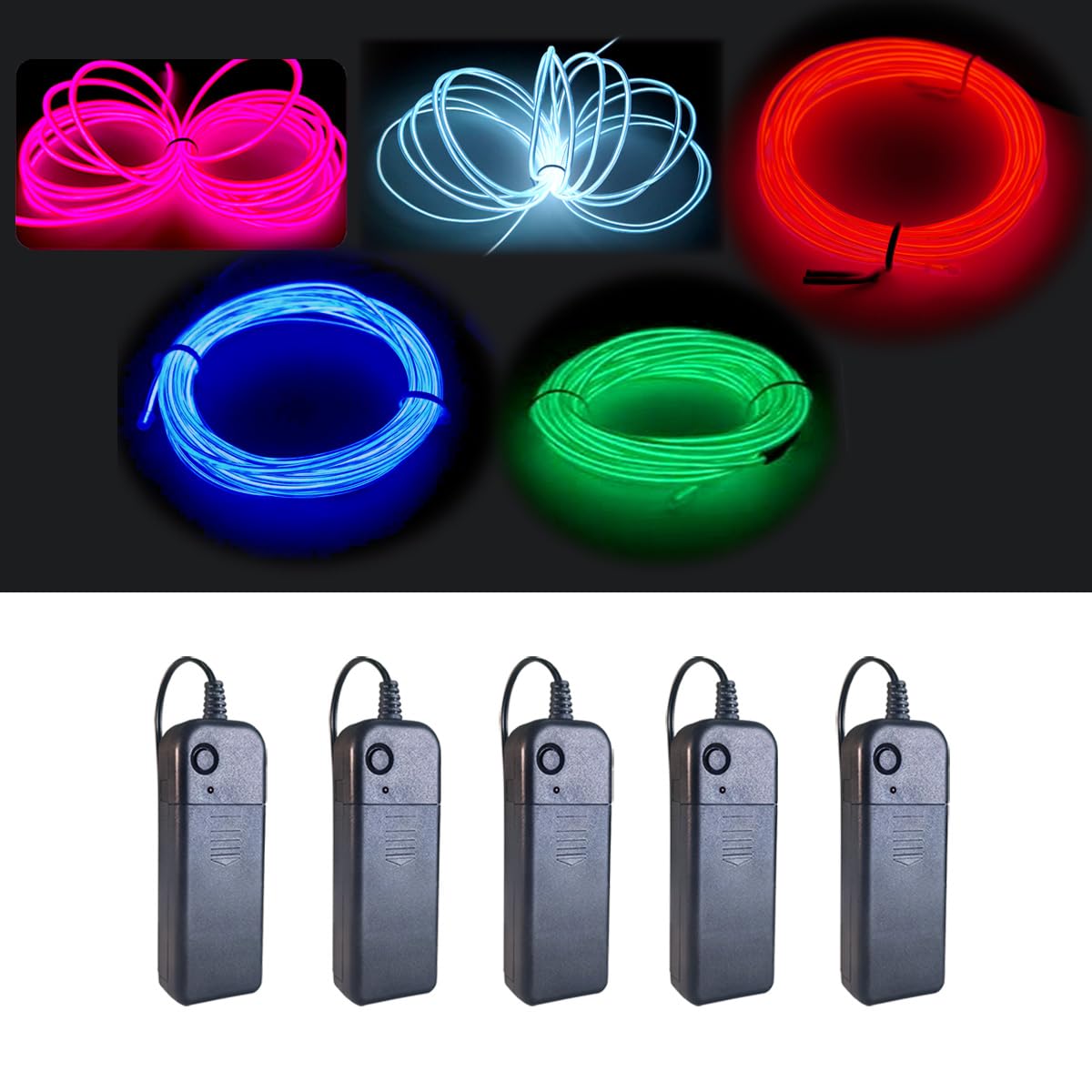 MaxLax EL Wire 5 Pack, 16.4ft Neon Light Wire Noise Reduction with Battery Pack(Green, Blue, Red, White, Pink)… (16.4ft)