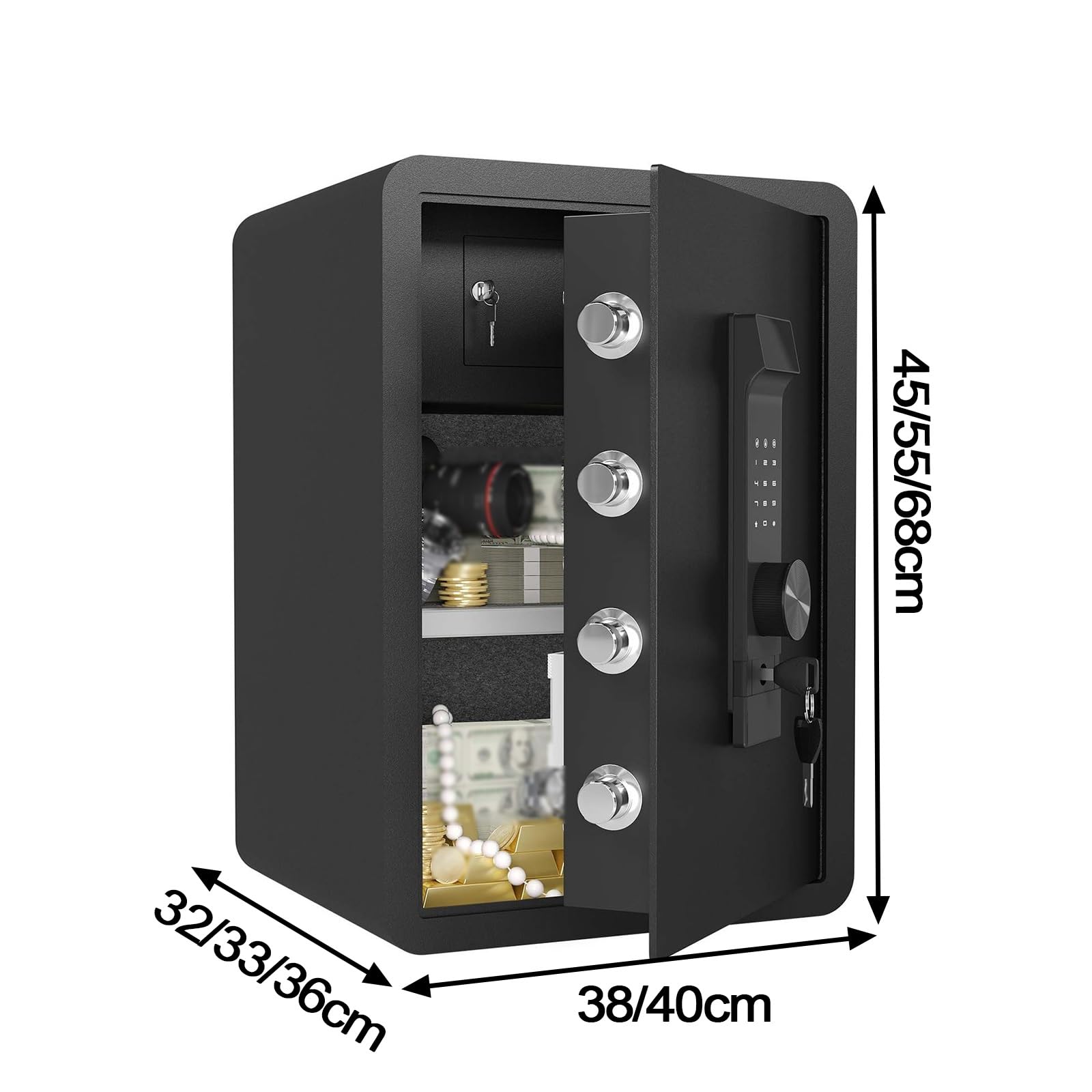 Cassaforte a prova di fuoco per casa e ufficio, serratura elettronica a combinazione in acciaio con funzione silenziosa, doppio sistema di allarme, 3 opzioni di sblocco (38 x 32 x 45 cm)