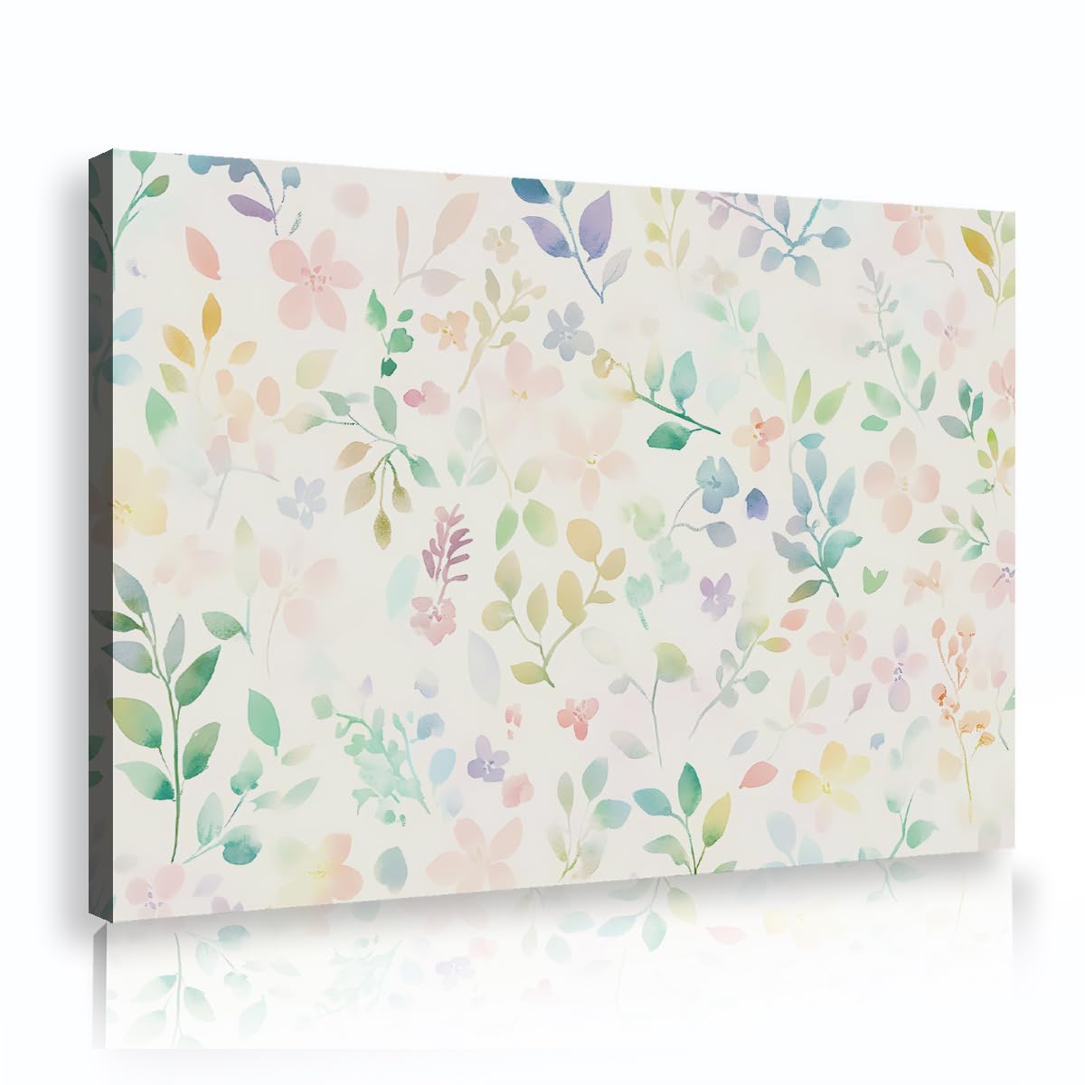 TOANGWALL Watercolor Floral Pastel Leaves Framed Canvas Artwork Soft Wildflower Botanical Garden Picture Stretched Printed Poster for Nursery Bedroom Decor 60x90cm