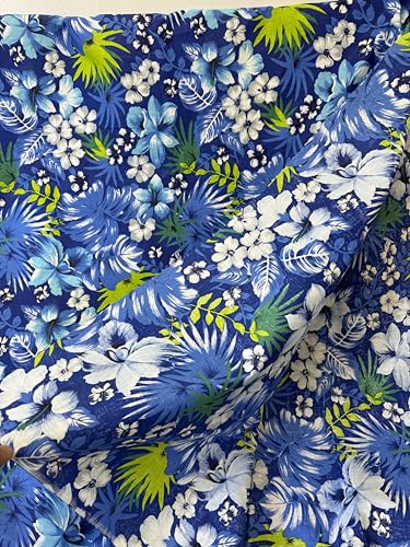 Vibrant Hawaiian Floral Blue Tropic Print Poly Cotton Fabric - Perfect for Quilting, Apparel, and Home Décor - 60” Wide, Sold by the Yard
