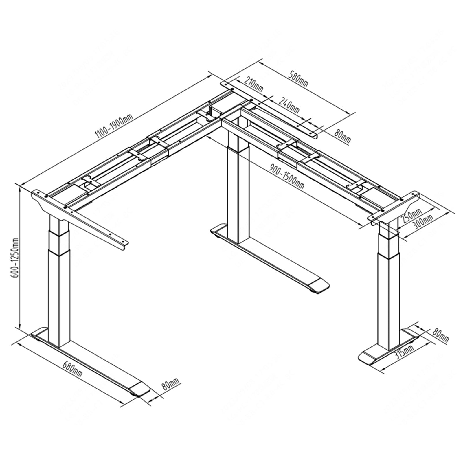 Fromm & Starck Höhenverstellbares Eckschreibtischgestell 60 - 125 cm einstellbare Breiten: 110 - 190 cm (L) / 90 - 150 cm (R) 150 kg 3 Motoren 450 W Memory-Funktion Schwarz Ecktischgestell