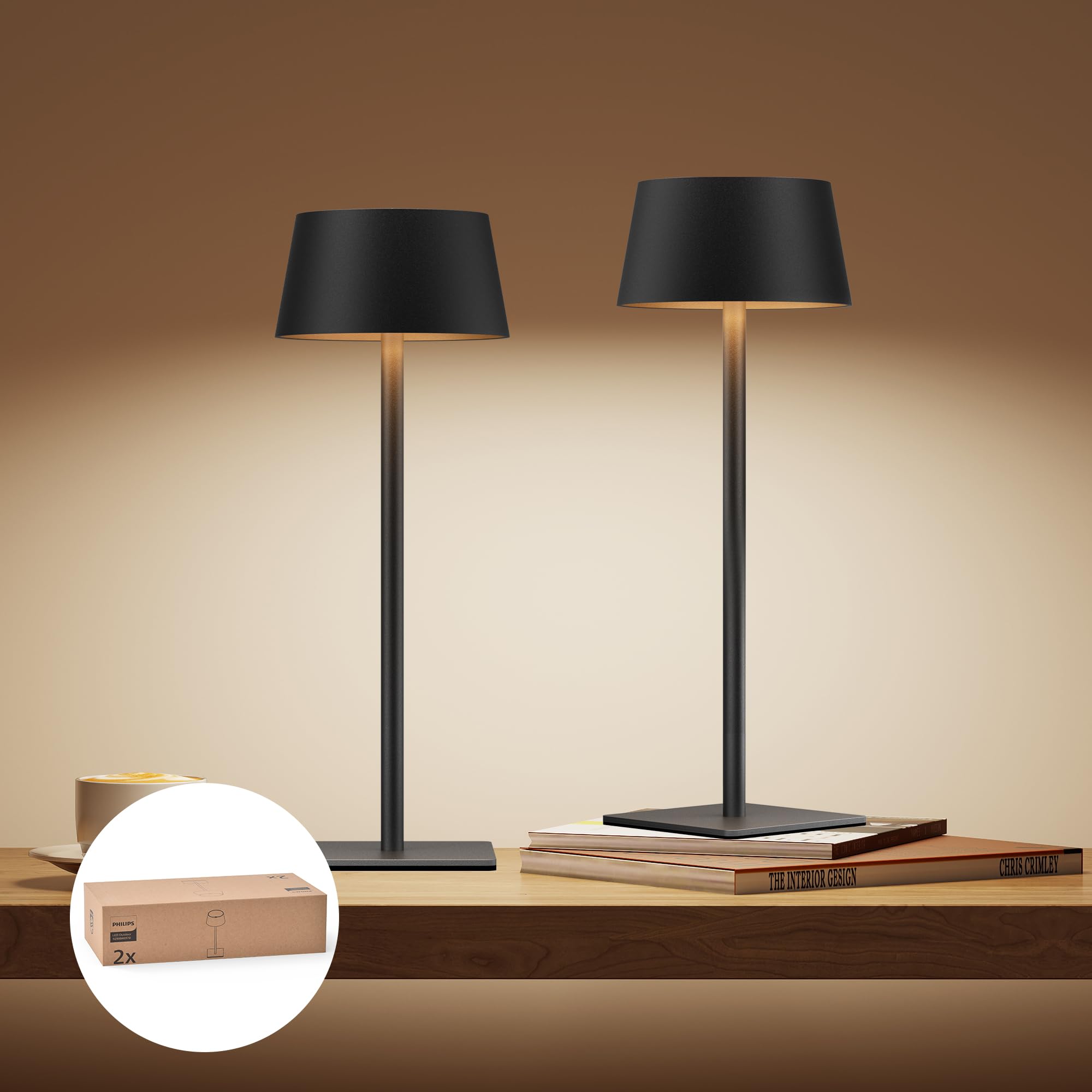 Philips Solar Tischlampe Kabellose 2 Stück, Portable LED Akku Tischleuchte mit 2 stufig höhenverstellbar, Touch Stufenlos Dimmbar Nachtlicht, Wasserdicht für Schlafzimmer, Schwarz