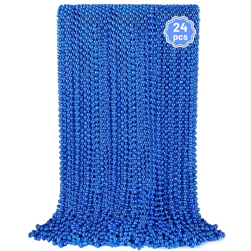 YAXINRUI 24 PCS Blue Bead Necklaces Blue Mardi Gras Christmas Bead Necklaces 33 Inch Round Patriotic Necklace Beads Party Favors for Mardi Gras Christmas 4th of July Festive Events