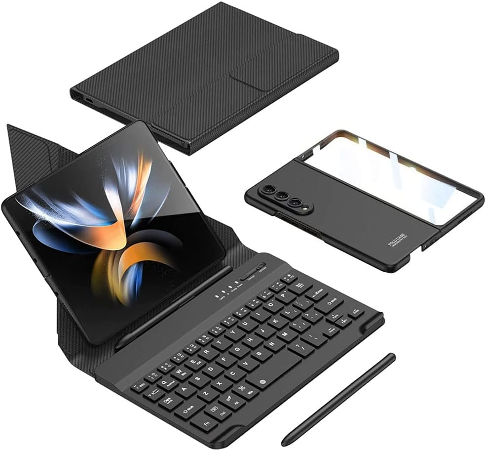 [4 in 1] Case for Samsung Galaxy Z Fold 4, with Bluetooth Keyboard, Keyboard Case and Pen, Luxury Leather Portable Travel Foldable Keyboard Case for Samsung Z Fold 4 (Fold 4, Carbon Fiber Black)