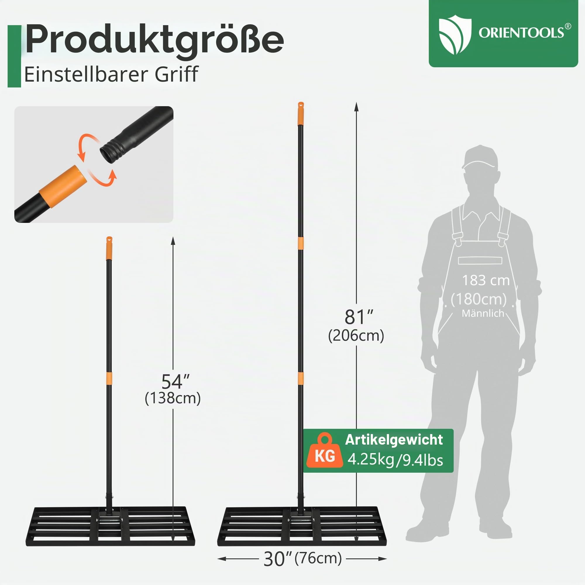 ORIENTOOLS Edelstahl Nivellierrechen 75x25 cm 206 cm verstellbarer Stiel