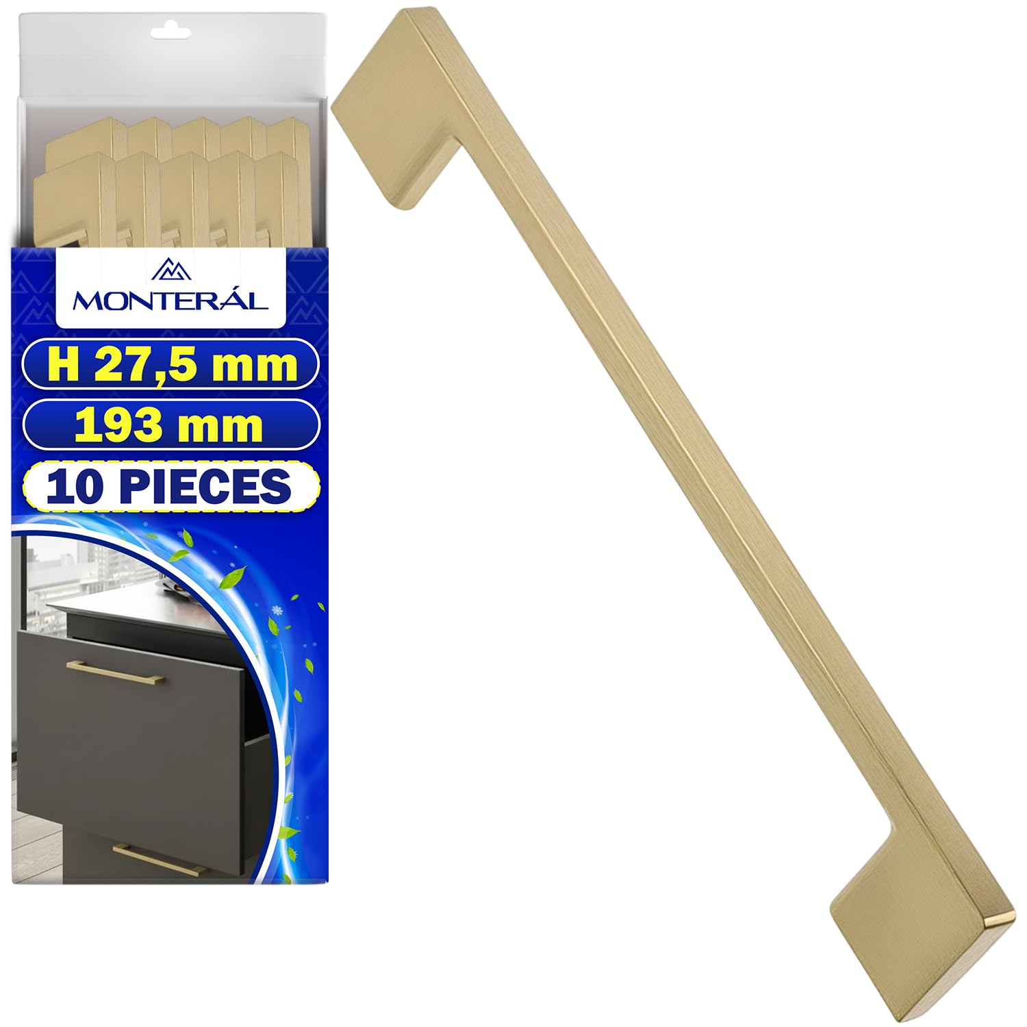 Tiradores cocina 160 mm MONTERAL dorados para muebles, armarios y cajones con pack de 10 unidades
