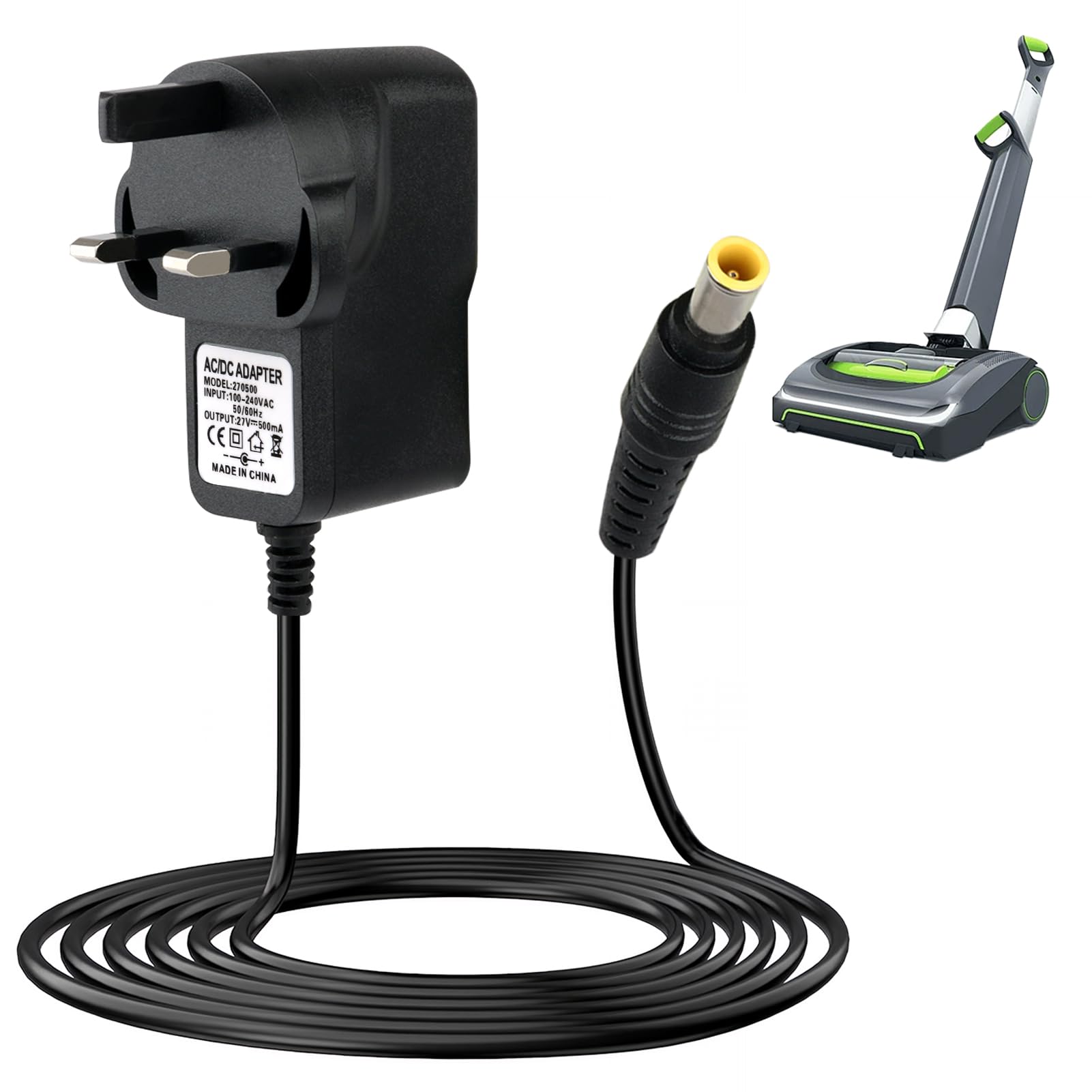 Elecora 27V 500MA Charger for Gtech AirRAM MK2 Cordless Vacuum Cleaner, Power Supply Adapter for Gtech Air Ram MK2 K9 AR29 AR30 AR05 K9 AR09 CH01 AR03 AR01 DM001 AR02 ATF27 ATF29 MK1 Air Ram 1.5M