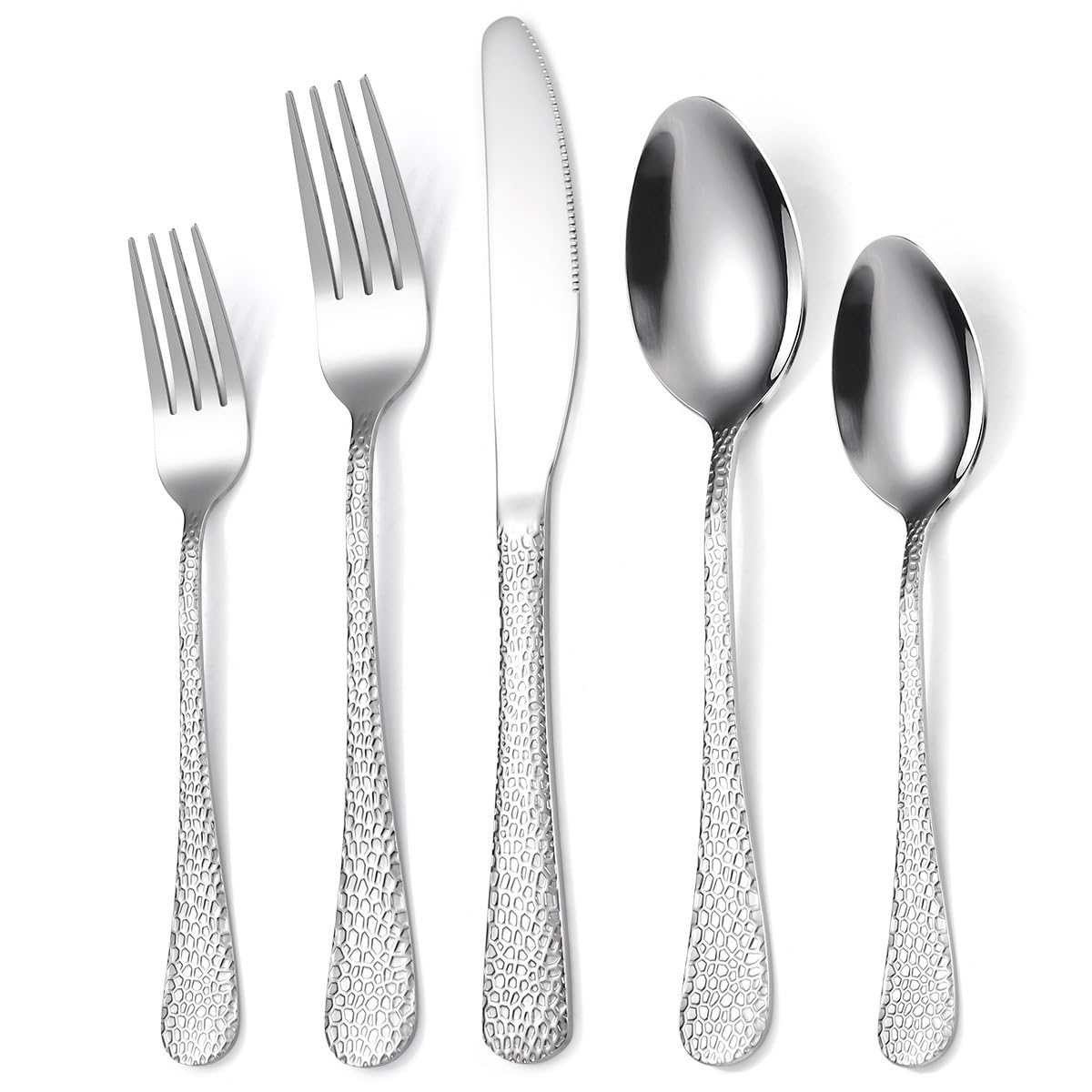 OLSKFUH Cutlery Flatware Cutlery Set, 5/20/30/40/50/60 Pieces Creative Steak Knives, Forks And Spoons With Hammered Handles, Golden Stainless Steel Knives And Forks,Silver-6Set-30Pcs