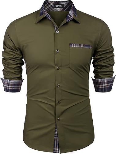 COOFANDY Camisa de vestir de manga larga para hombre, cuello a cuadros, camisas casuales con botones