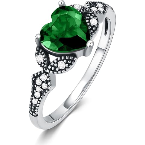 AOBOCO 2ct Vintage Birthstone Heart Ring 925 Sterling Silver Retro Oxidized Band Ring with Crystal from Austria, Birthday Anniversary Jewelry Gifts for Women Her