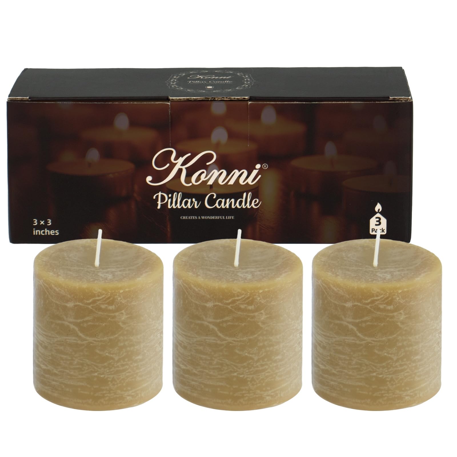 KONNI Juego de 3 velas de pilar de cera amarilla, velas de pilar sin perfume de 3 x 3 pulgadas, velas de combustión de 30 horas de duración, vela redonda grande sin humo y sin goteo para bodas,