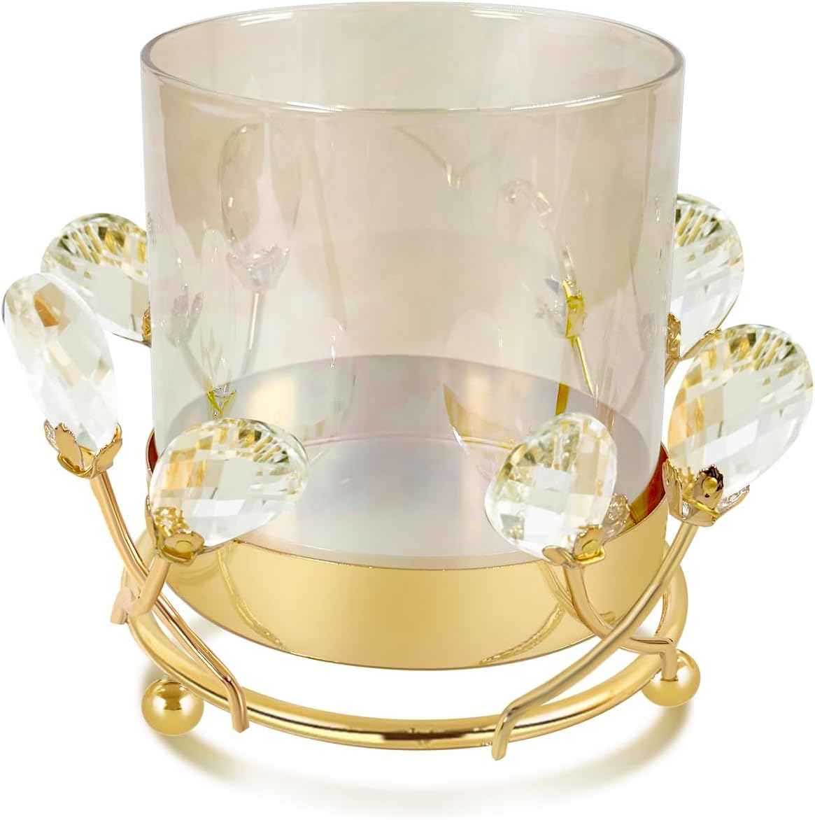 Gold Hurricane Candle Holder with Crystal Accents & Windproof Glass Lid - Elegant Gold Pillar Candle Holder for Wedding, Dinner & Party Table Decor