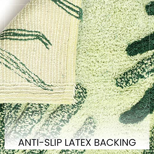 Image of SASHAA WORLD Cotton Leaf Patterned Bathmat | Soft, Absorbent & Cozy | Anti-Skid Latex Backing for Stability | Perfect for Bathroom, Bedroom, Hotels, or Spa | 50x80 cm, Green
