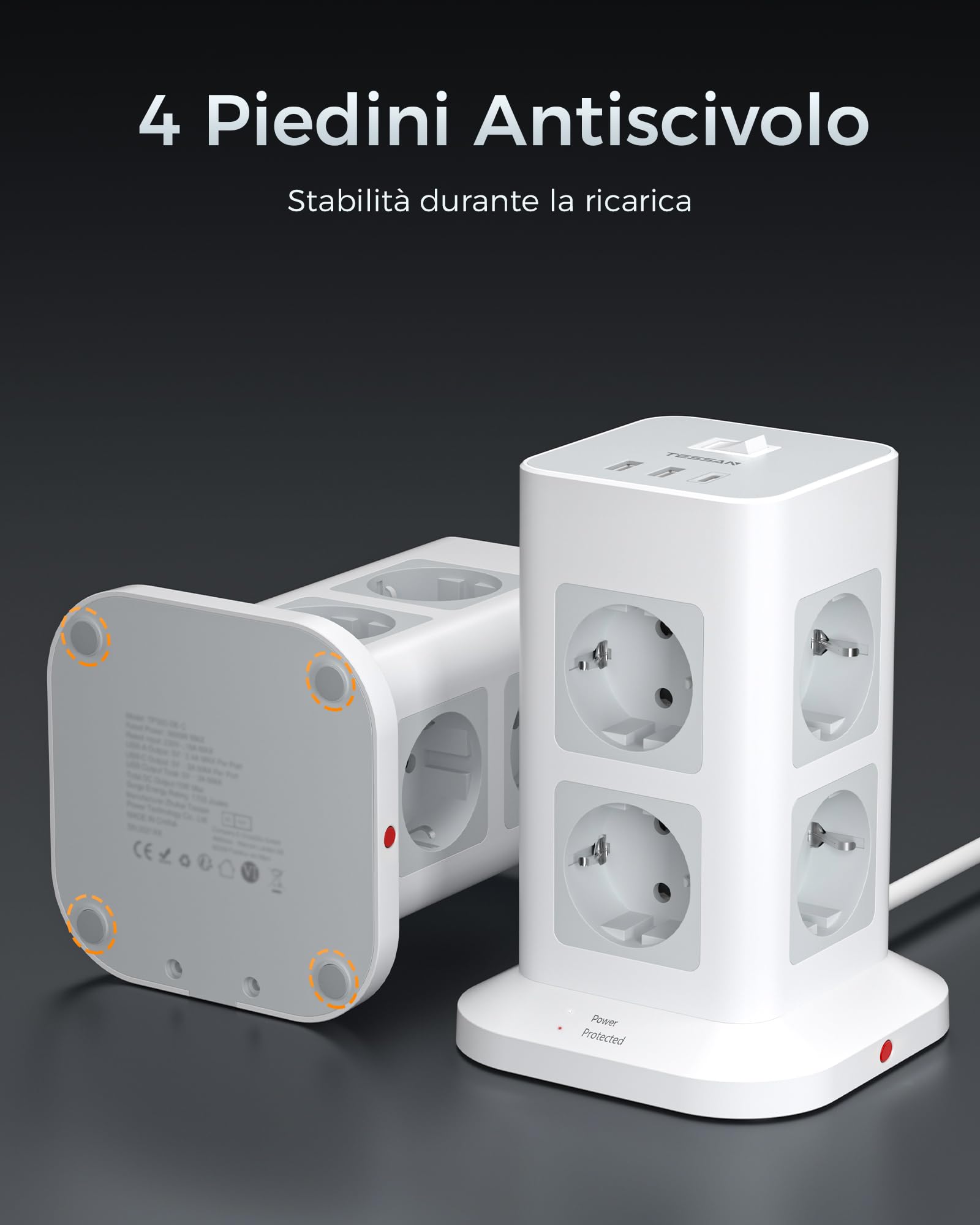TESSAN Ciabatta Multipresa con USB, Multipresa Elettrica con 8 Spina Schuko Tipo F e 3 USB, Presa Multipla con Protezione Sovratensione e Interruttore, Prolunga Elettrica 2 Metri per Casa, Ufficio