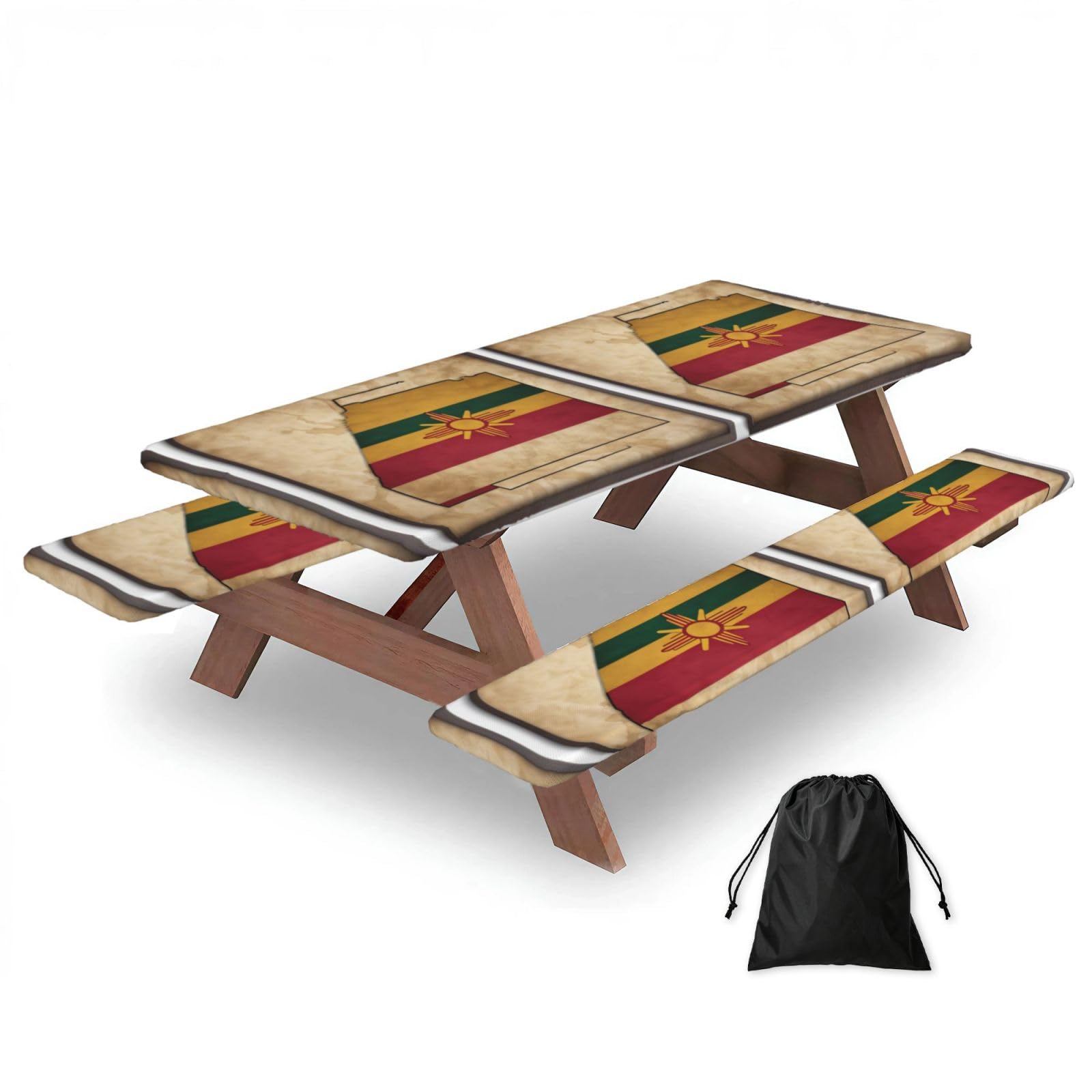 Duwaa Black New Mexico Flag Map03 Print 183Cm Picnic Table Cover With Bench Covers, Waterproof Elastic Tablecloth Set For Outdoor