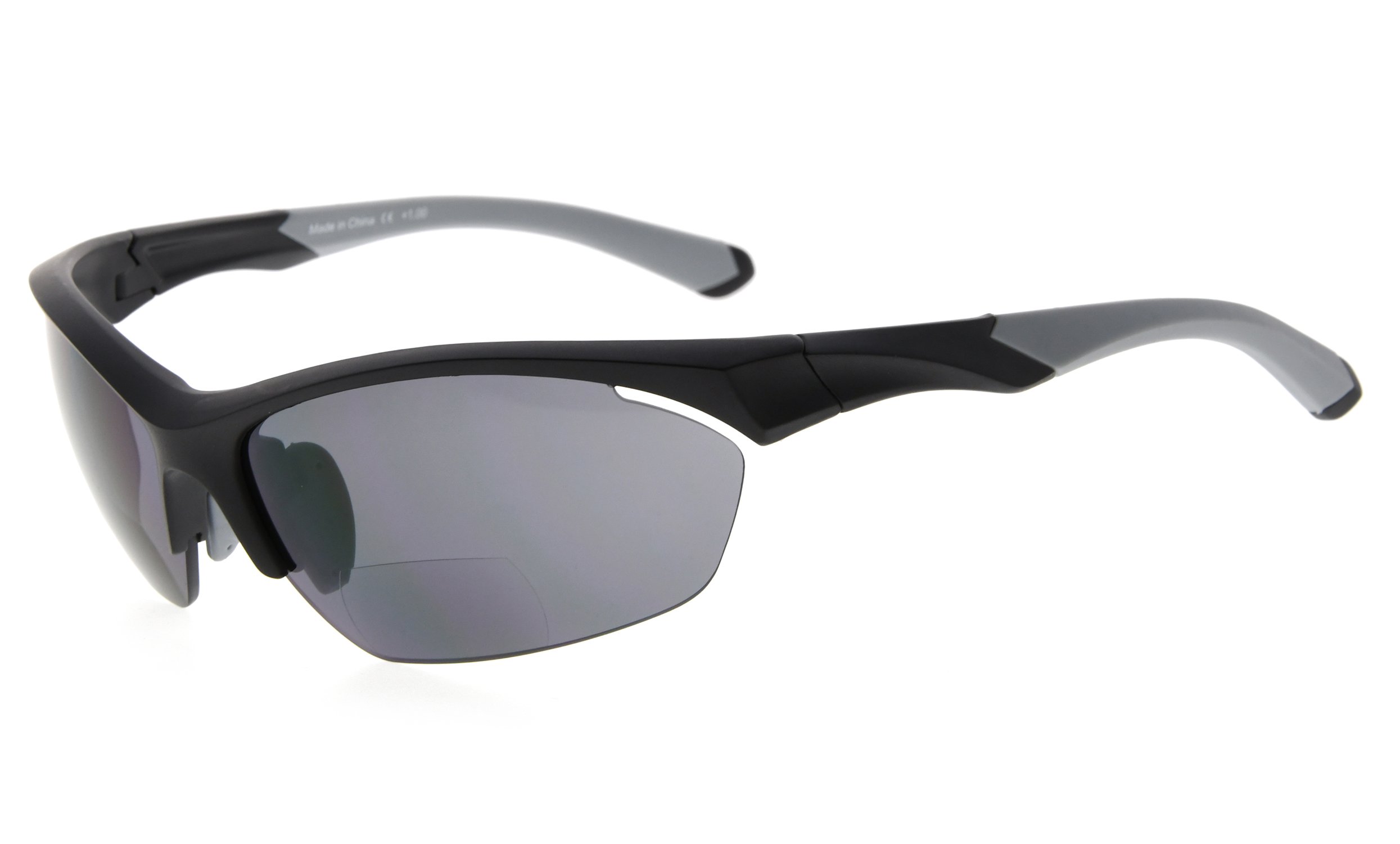 Eyekepper TR90 Sports Bifocal Sunglasses Baseball Driving Golf Softball Hiking Half-Rimless Reading Glasses (Black Frame Blue Temple, 2.50)