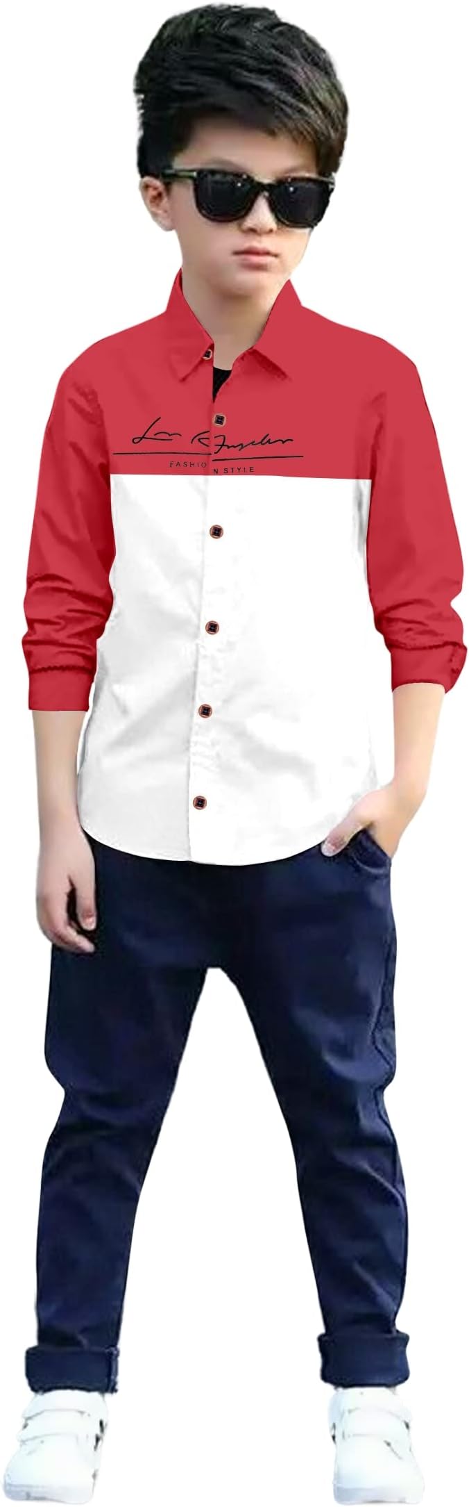 Zilcon Boys Half & Half Long Sleeve Shirts Classic Collared Button-Down Tshirt Solid Cotton Letter Printed Kids & Junior Boys Shirt