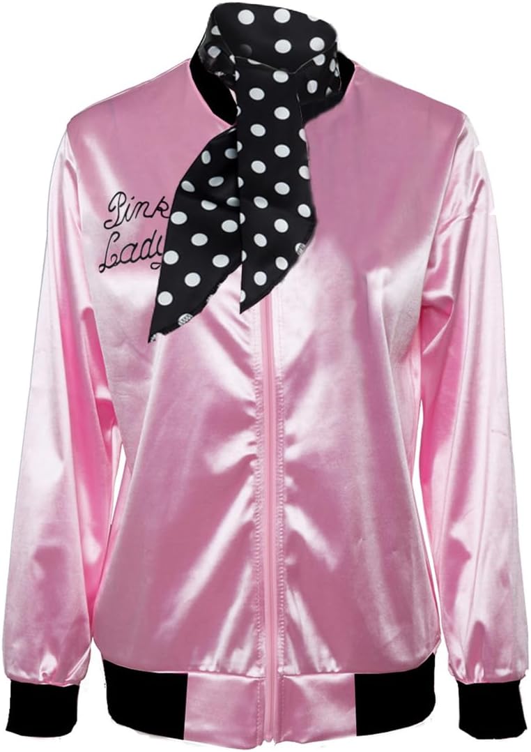 50s ladys pink satin jacket halloween cosplay costume pink jacket with neck scarf x-large