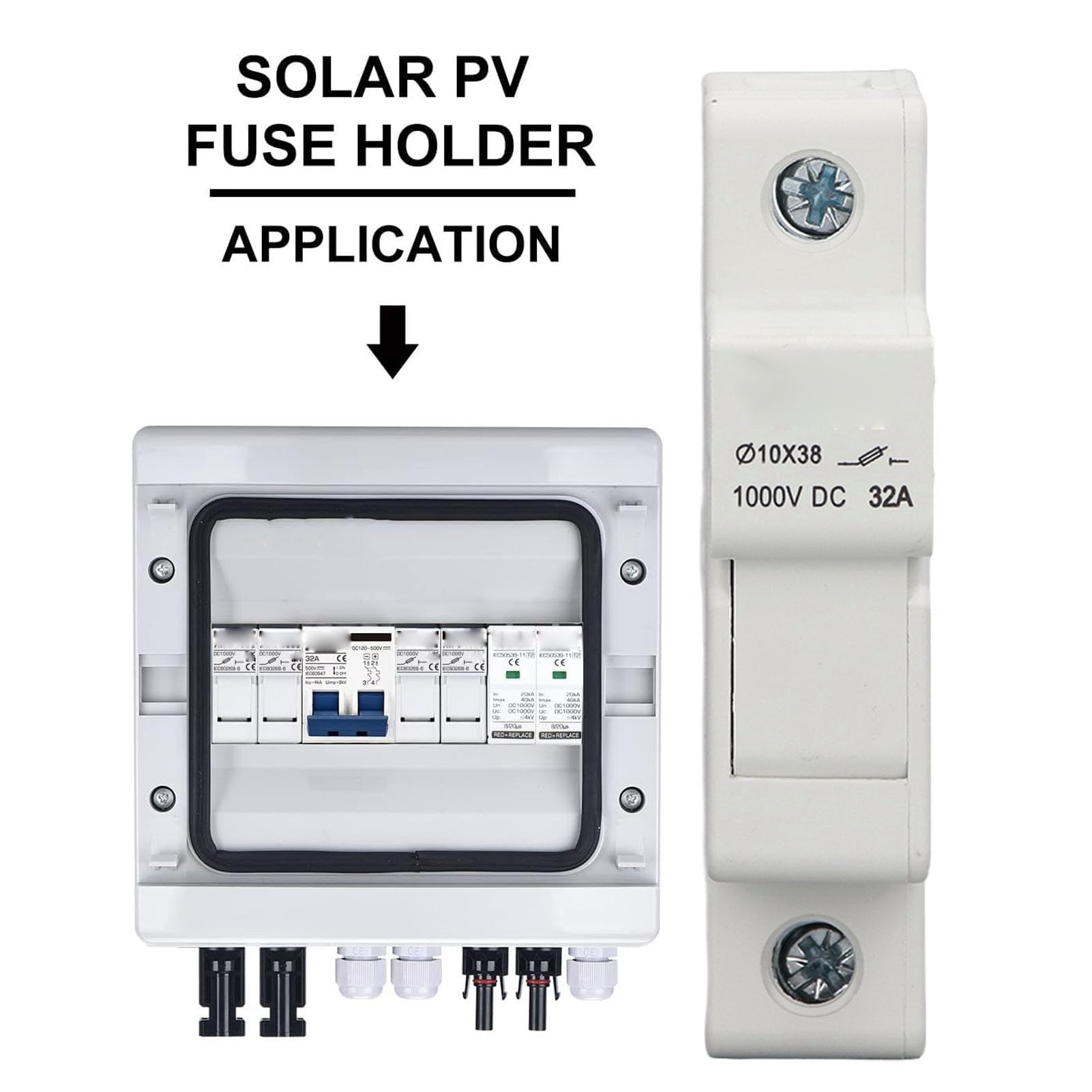 Set di fusibili fotovoltaici solari in Materiale ignifugo PA66 con 4 Supporti per Montaggio su Guida DIN e 6 fusibili cilindrici - CC 1000 V 32 A 10 x 38 mm per la Protezione di
